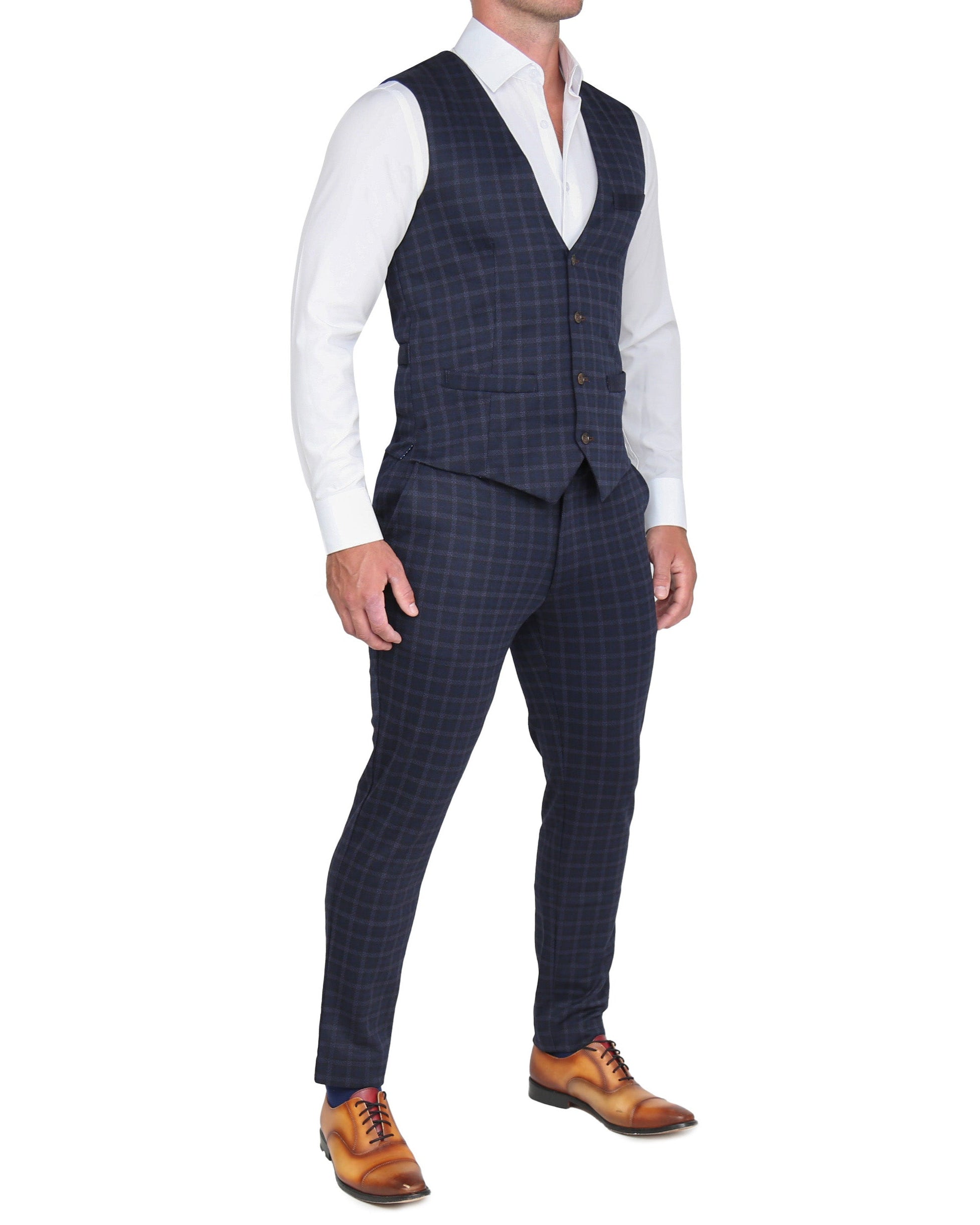 Athletic Fit Stretch Suit Vest - Blue Plaid