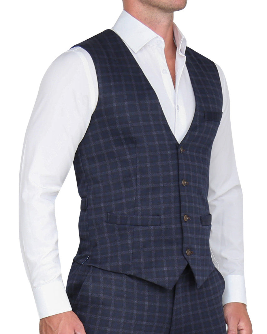 Athletic Fit Stretch Suit Vest - Blue Plaid