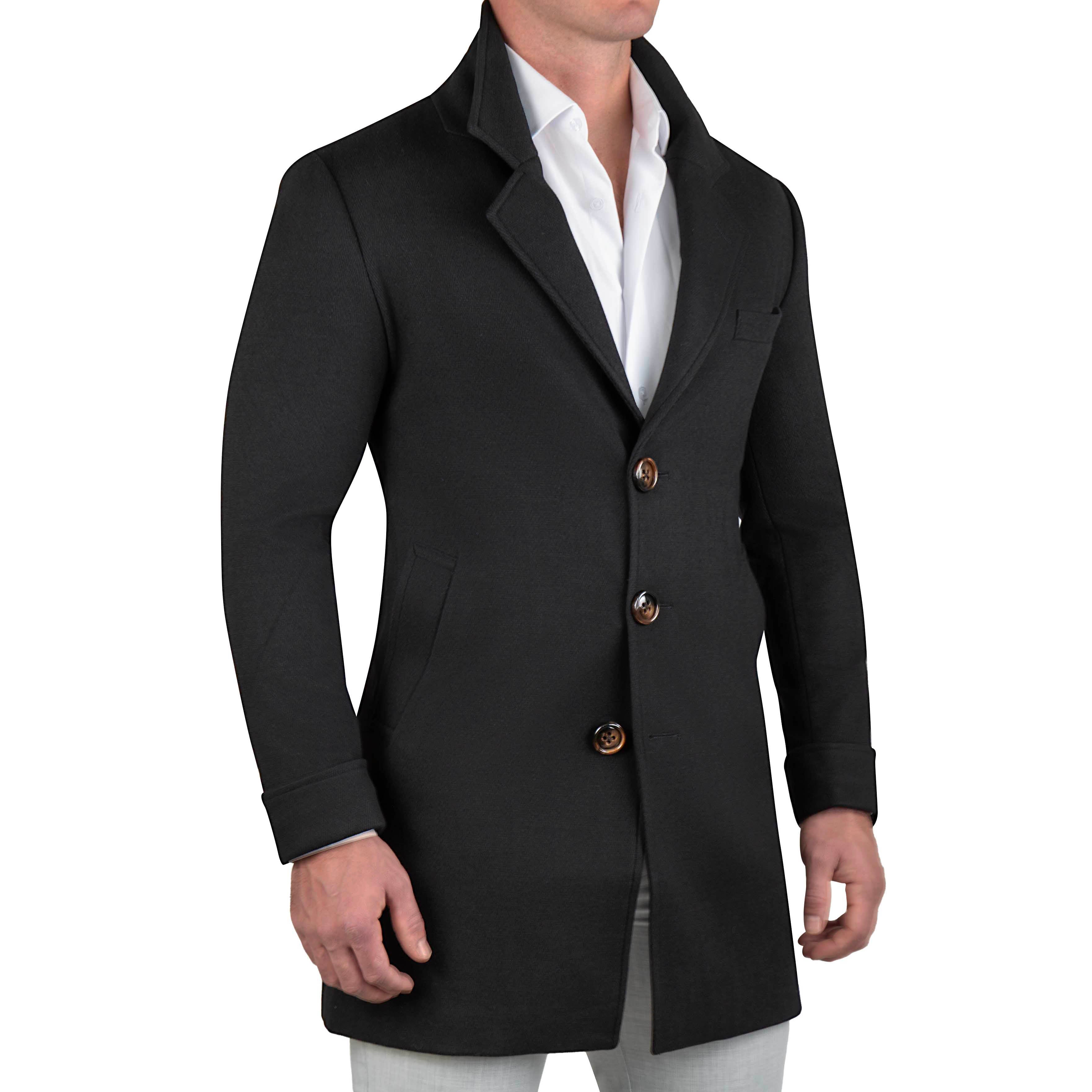 3 Button Overcoat - Black Herringbone