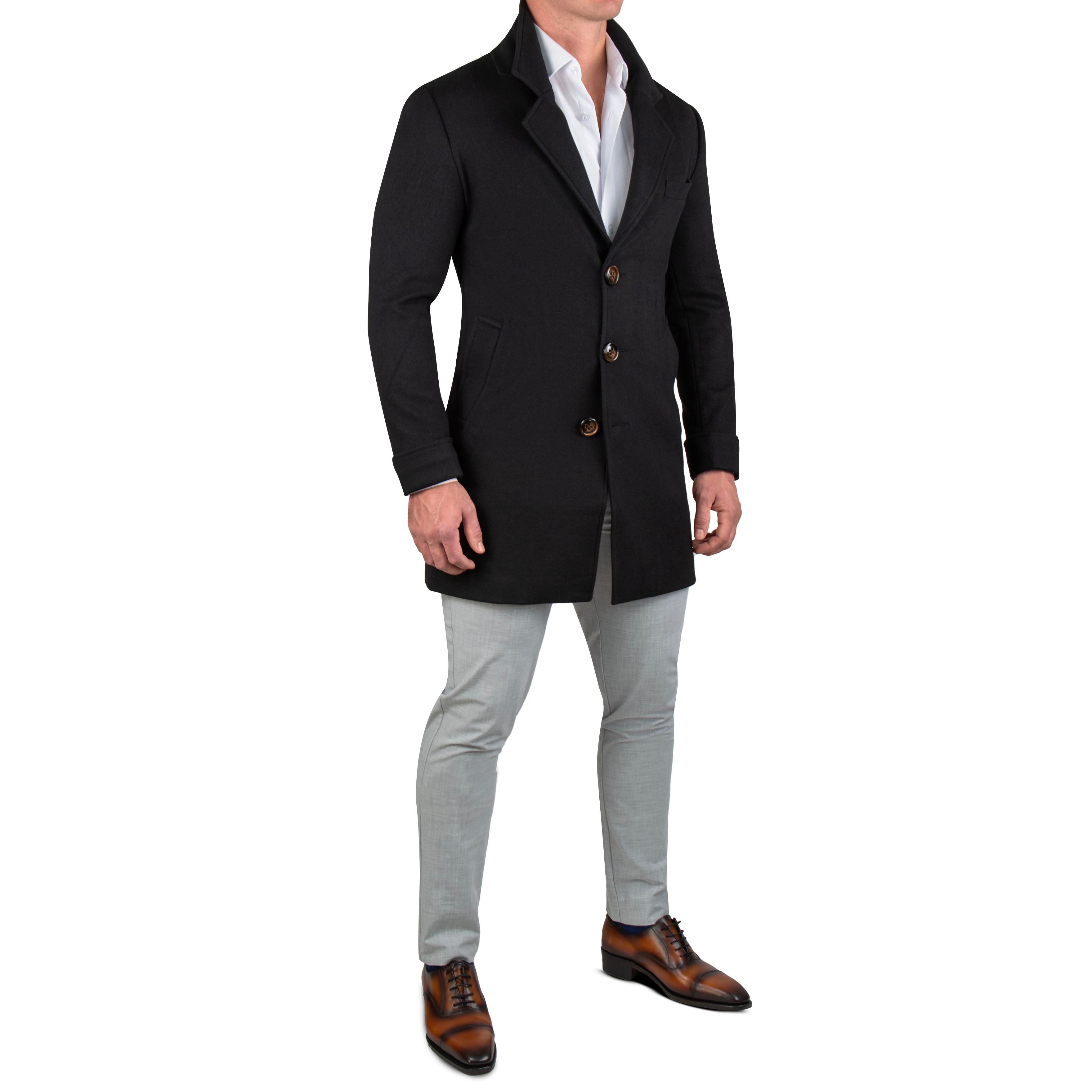 3 Button Overcoat - Black Herringbone