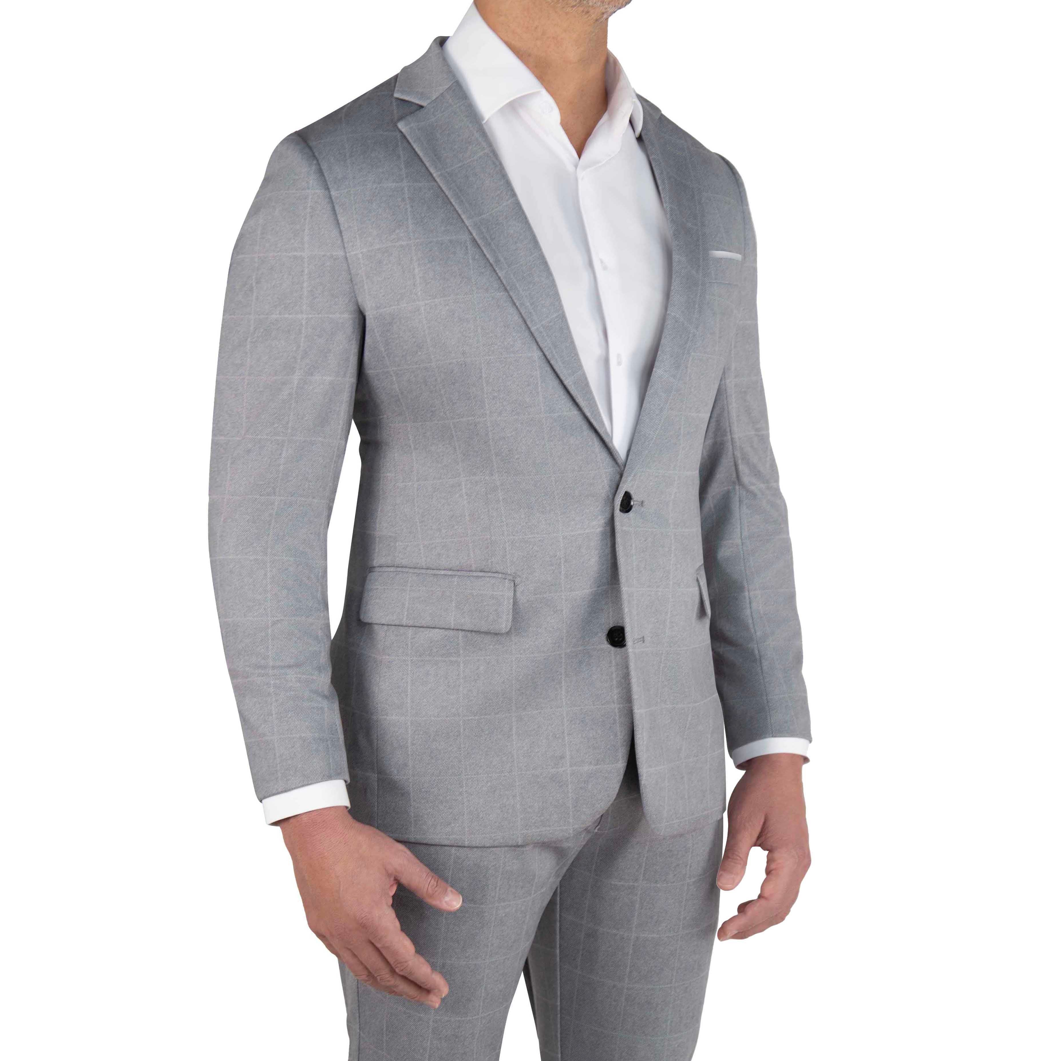 Athletic Fit Stretch Blazer - Light Grey & White Windowpane