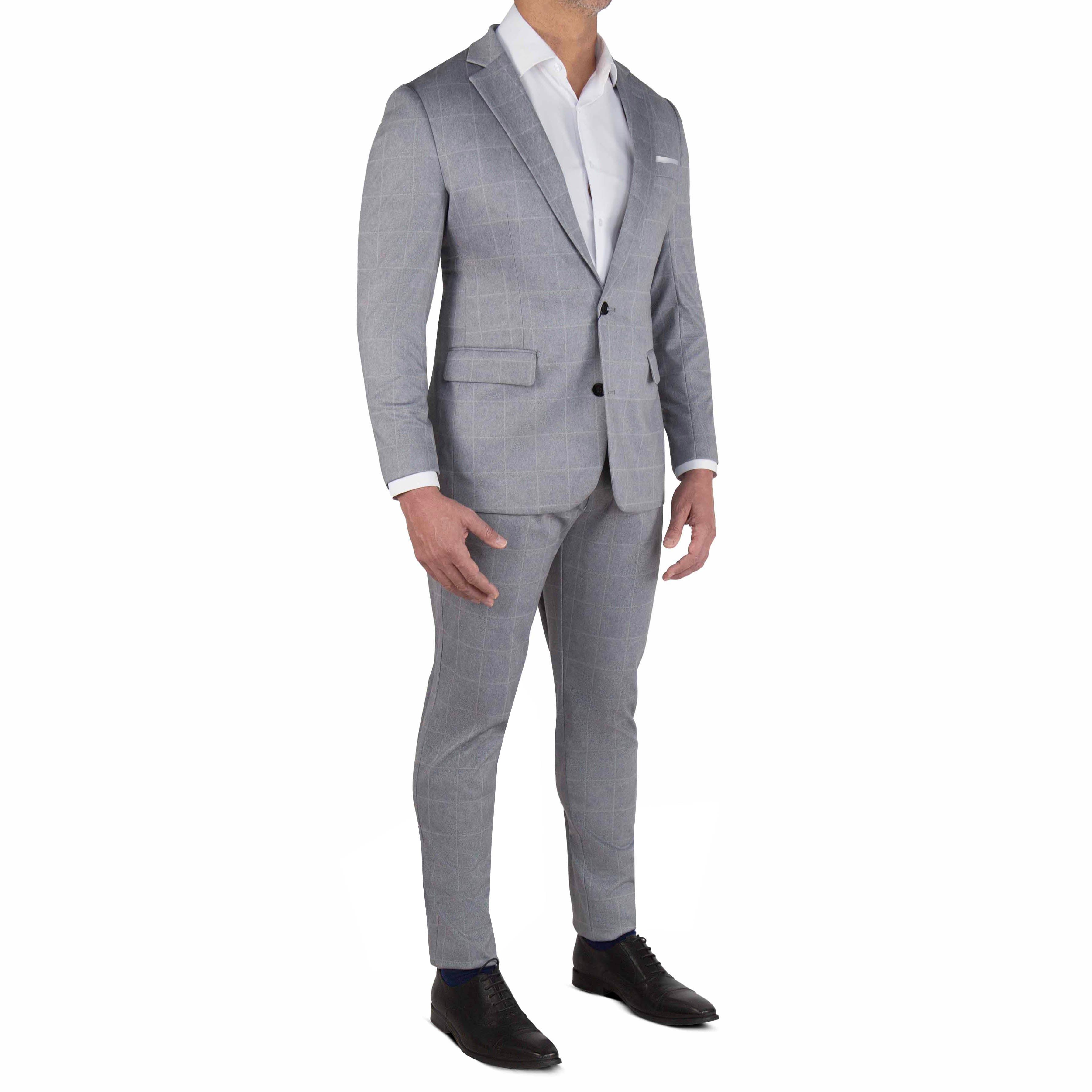 Athletic Fit Stretch Blazer - Light Grey & White Windowpane