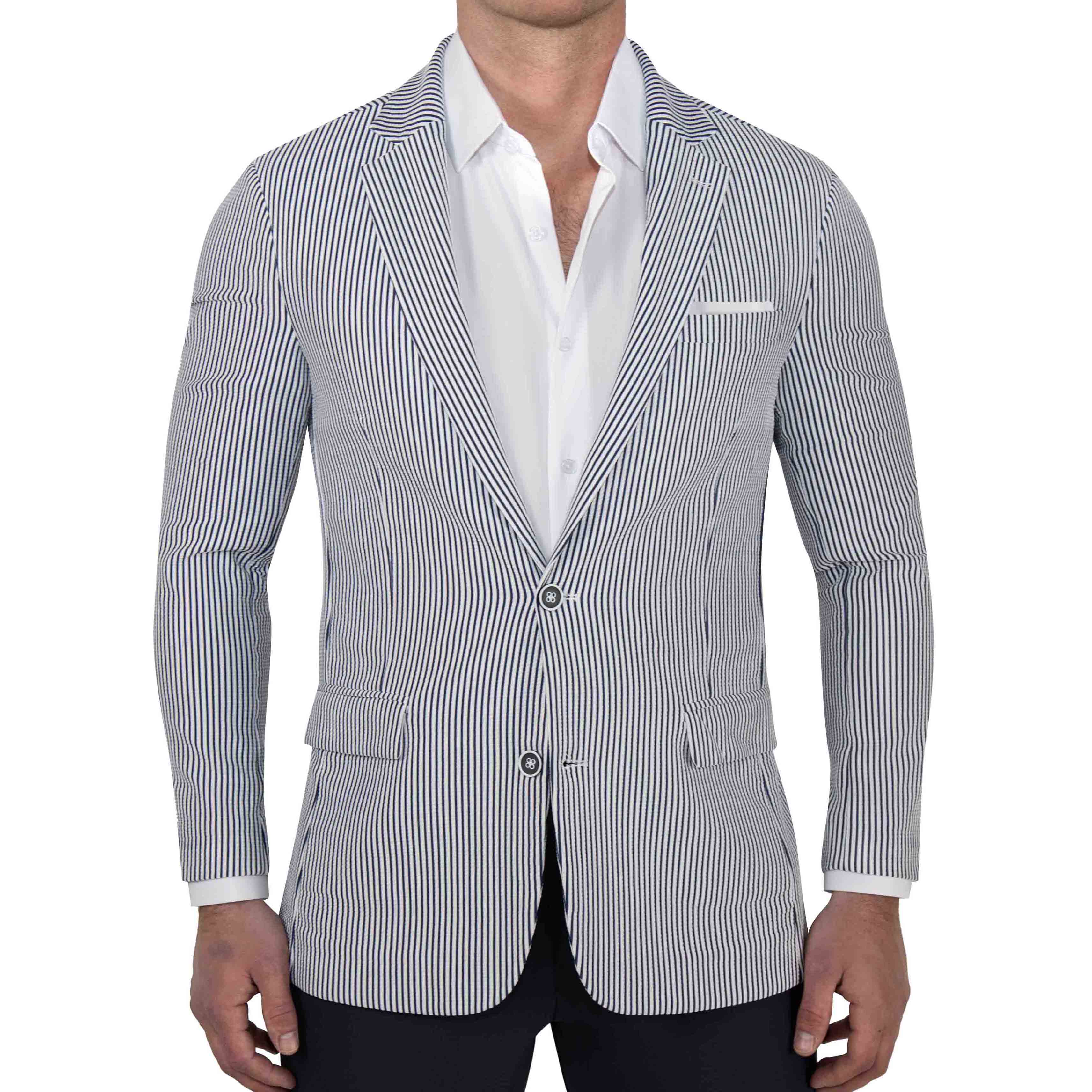 Athletic Fit Stretch Blazer - Navy & White Seersucker