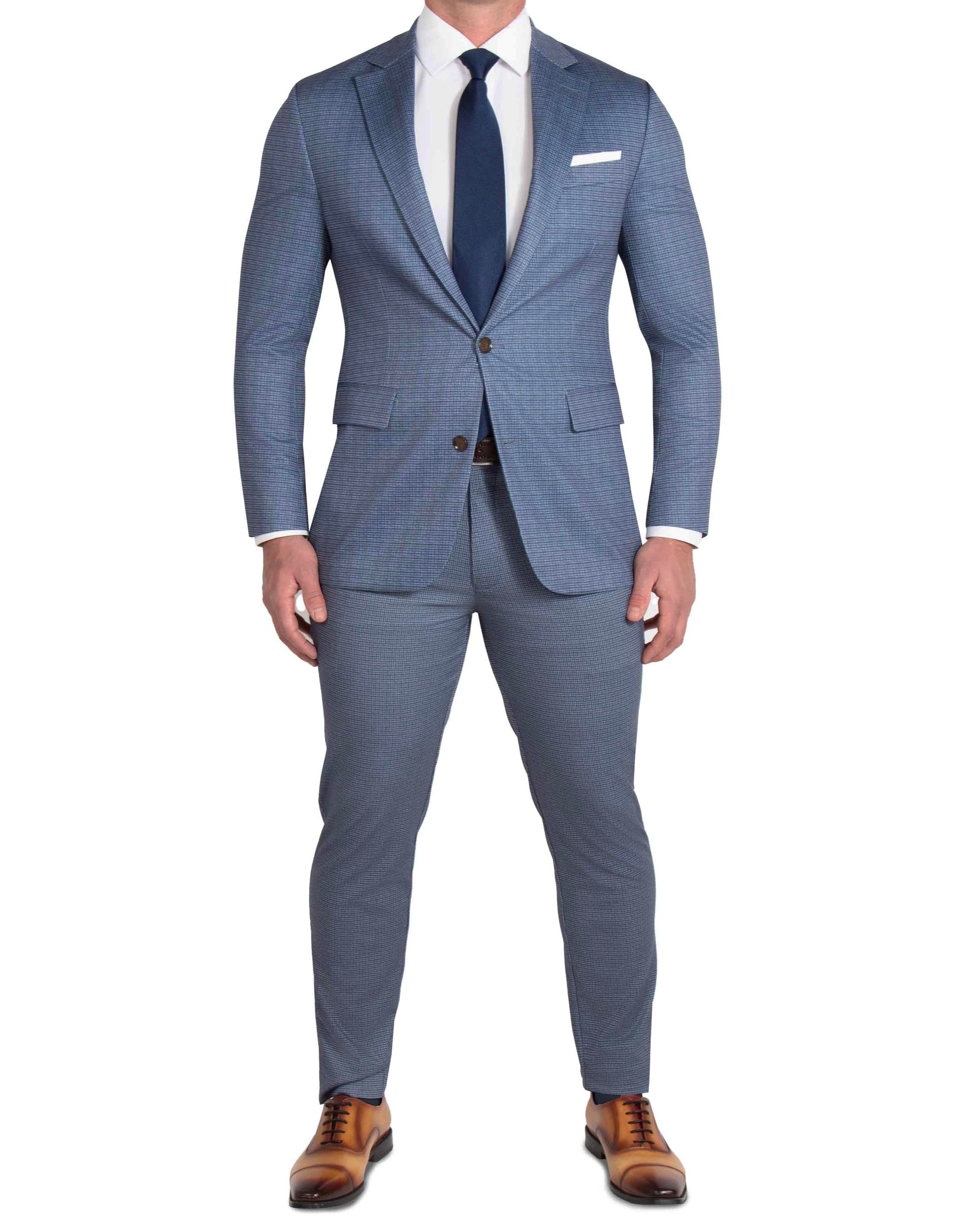 Athletic Fit Stretch Blazer - Blue Mini Windowpane with Light Grey Microcheck
