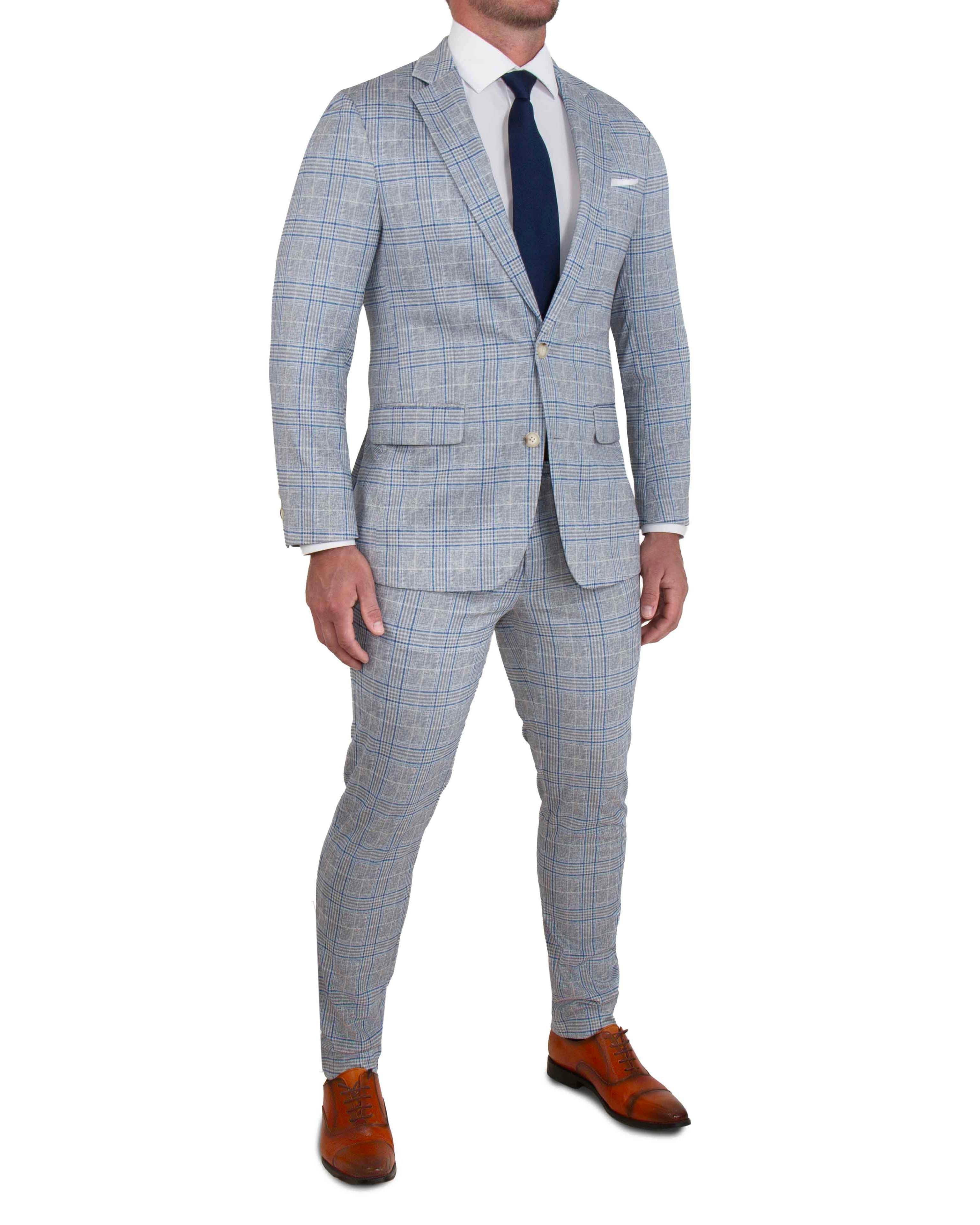 Athletic Fit Stretch Suit - Grey & Royal Blue Plaid