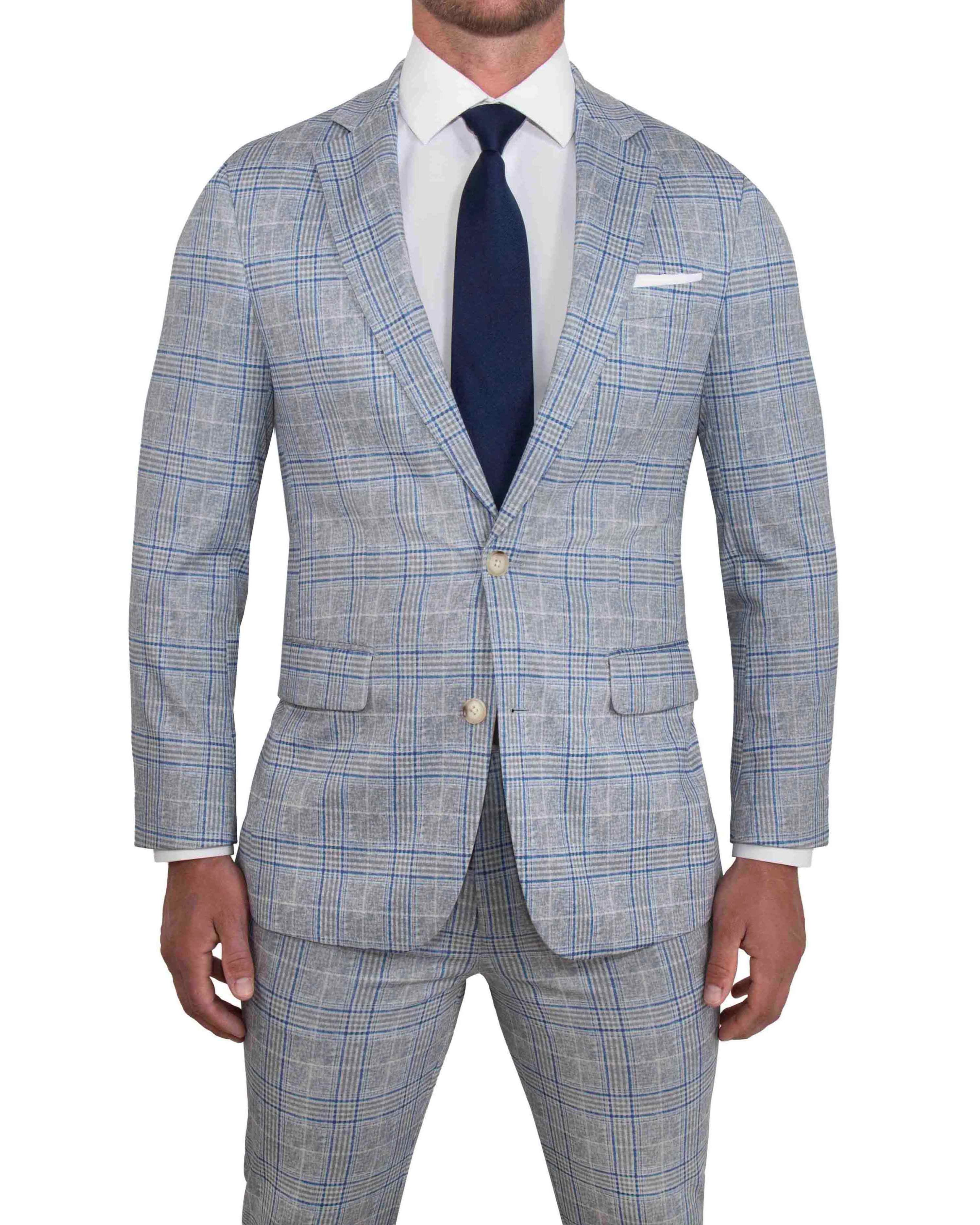 Athletic Fit Stretch Suit - Grey & Royal Blue Plaid