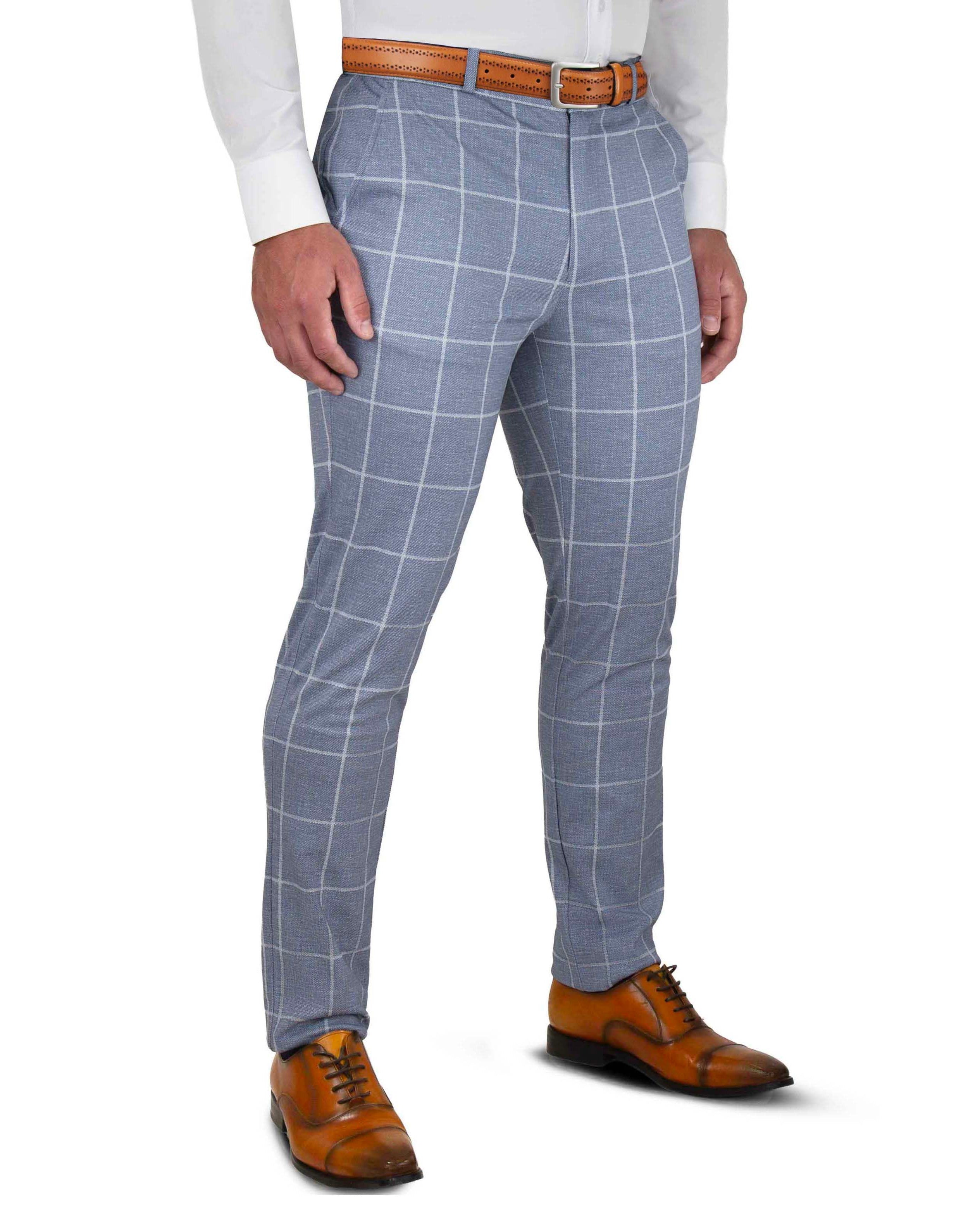 Athletic Fit Stretch Suit - Textured Light Blue with White Windowpane
