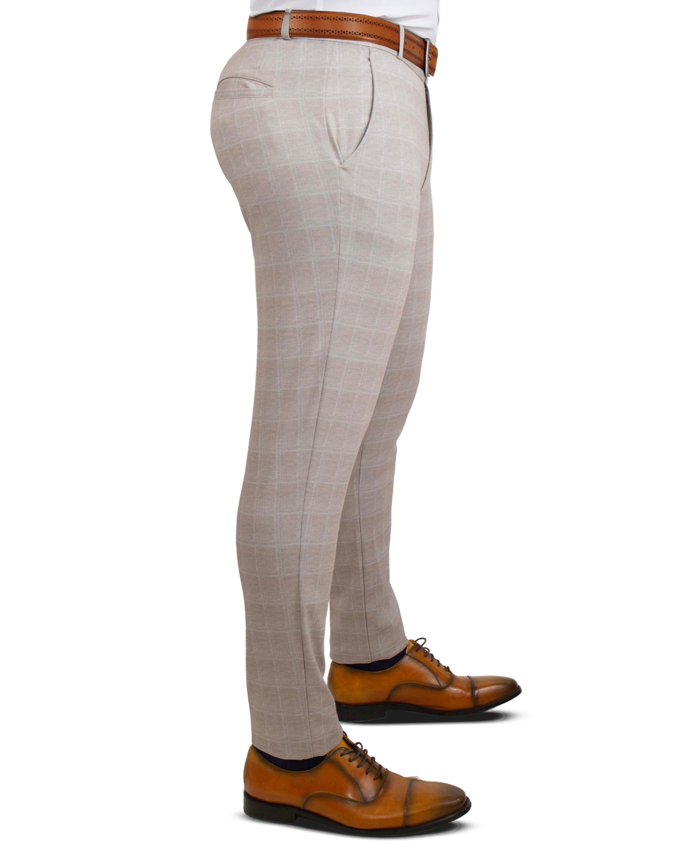 Athletic Fit Stretch Suit - Tan and White Windowpane Suit