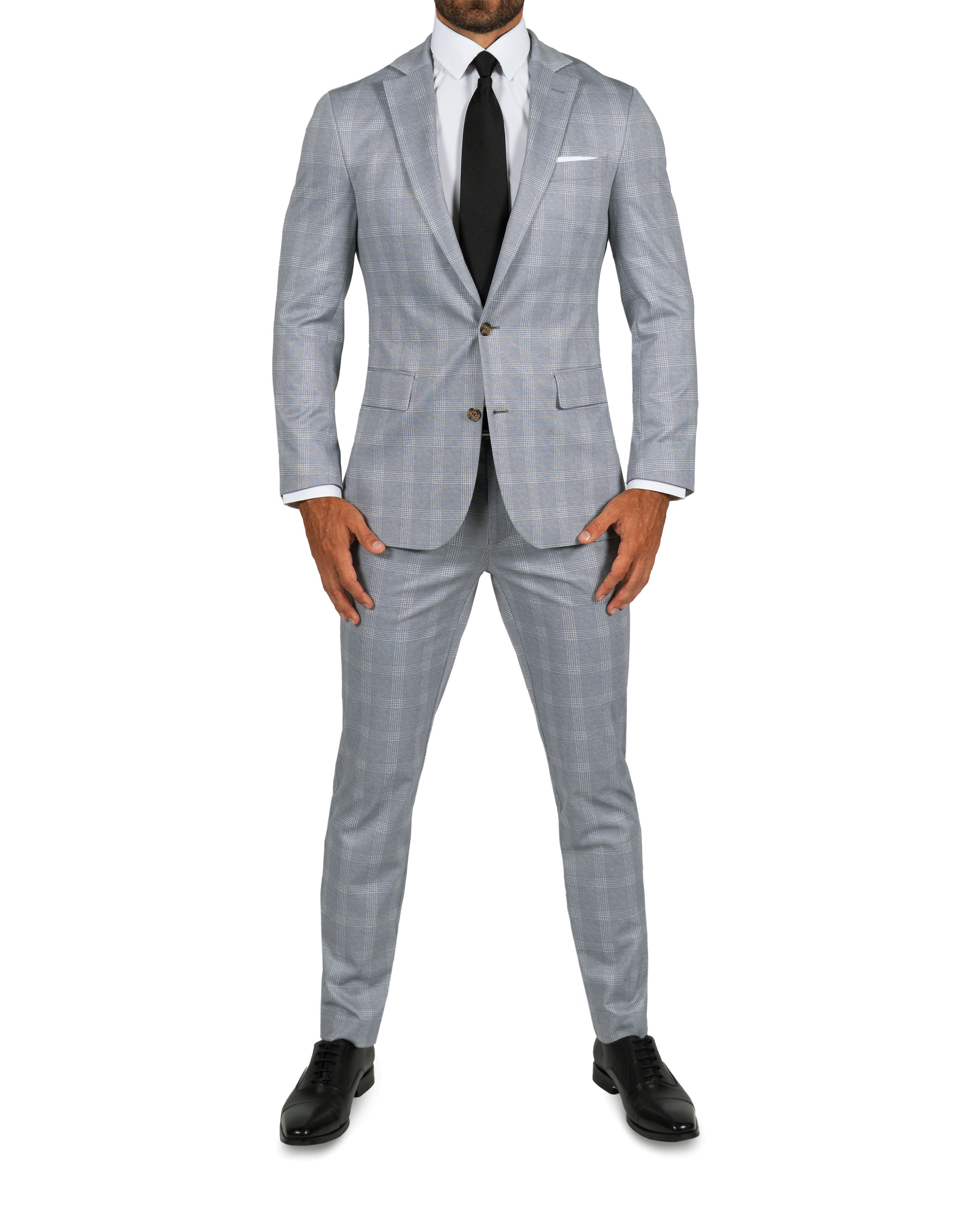 Athletic Fit Stretch Suit Pants - Ash Grey with White Plaid