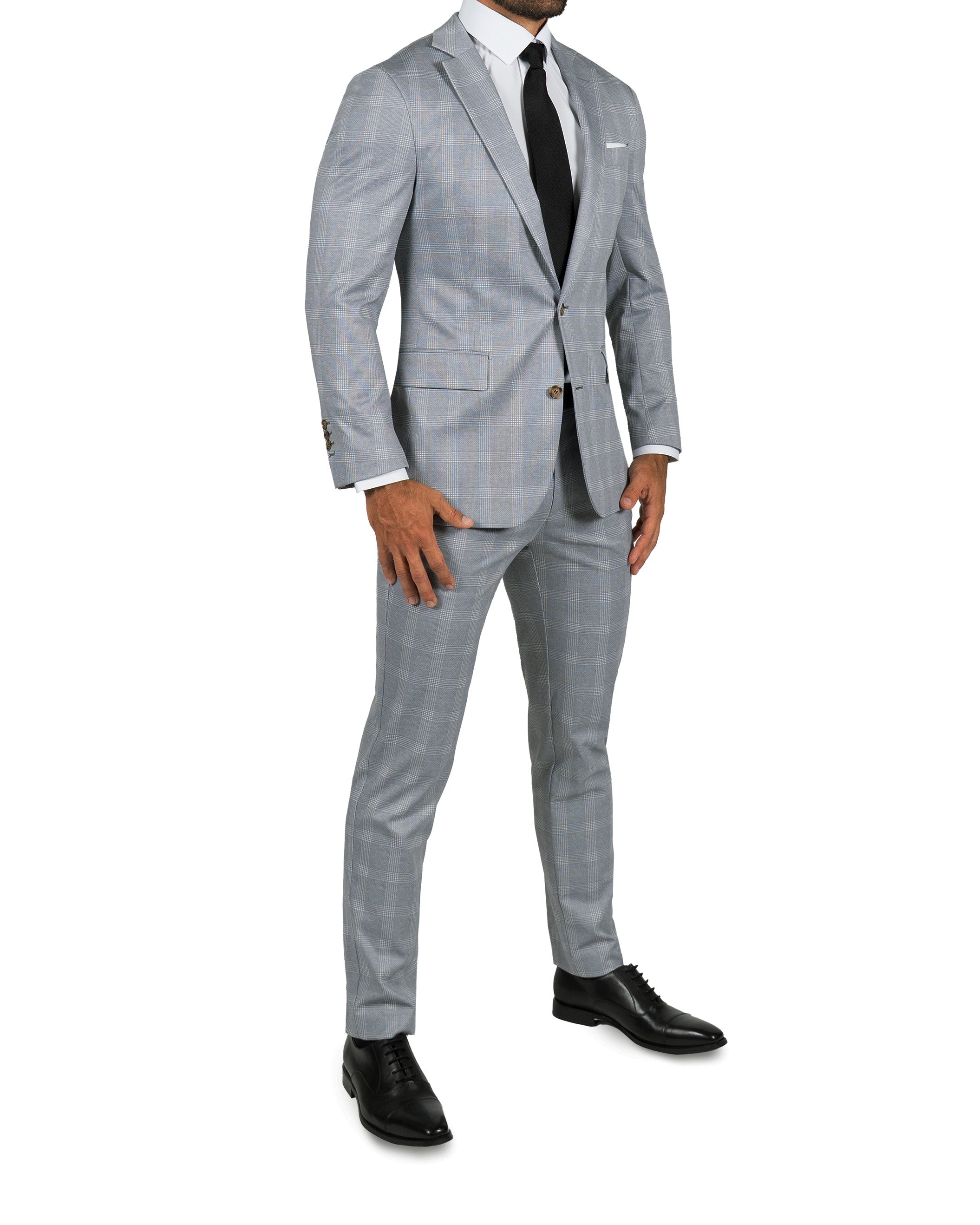 Athletic Fit Stretch Suit Pants - Ash Grey with White Plaid