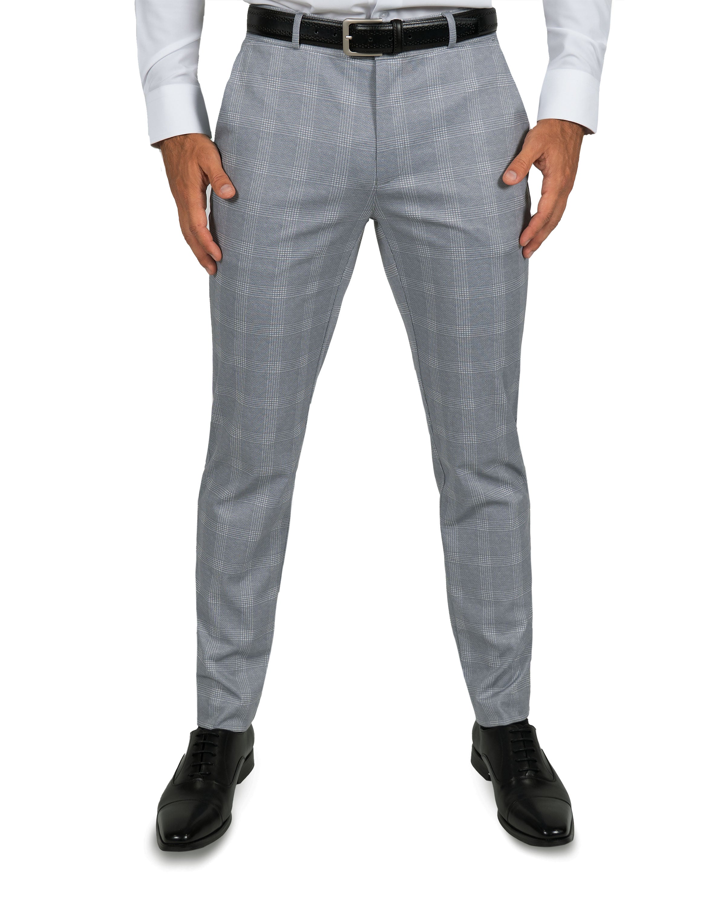Athletic Fit Stretch Suit Pants - Ash Grey with White Plaid