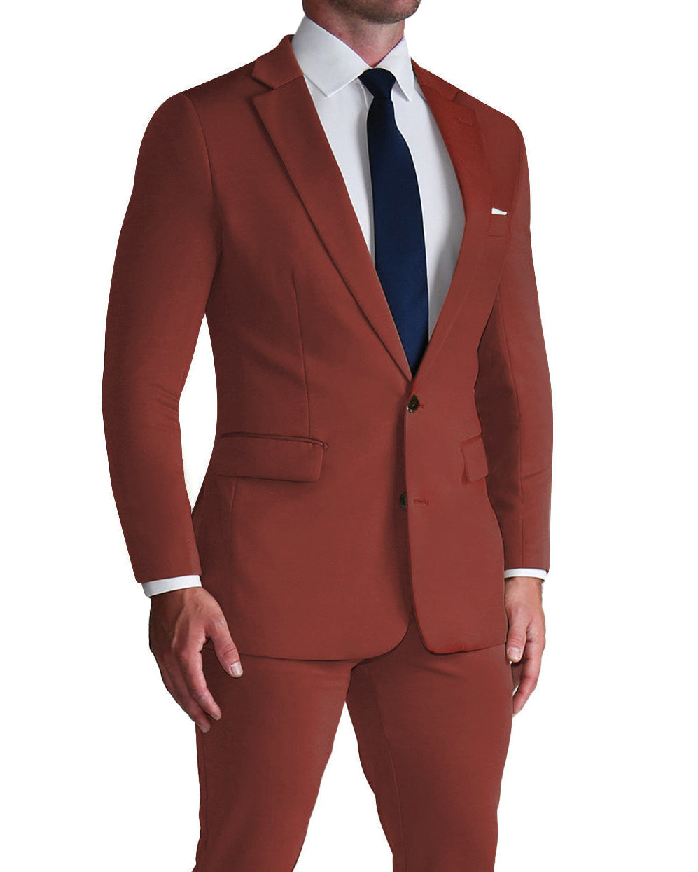 A man wearing a solid red, solid brick athletic fit stretch suit with a two-button single-breasted blazer and hidden soft-stitched hemline.
