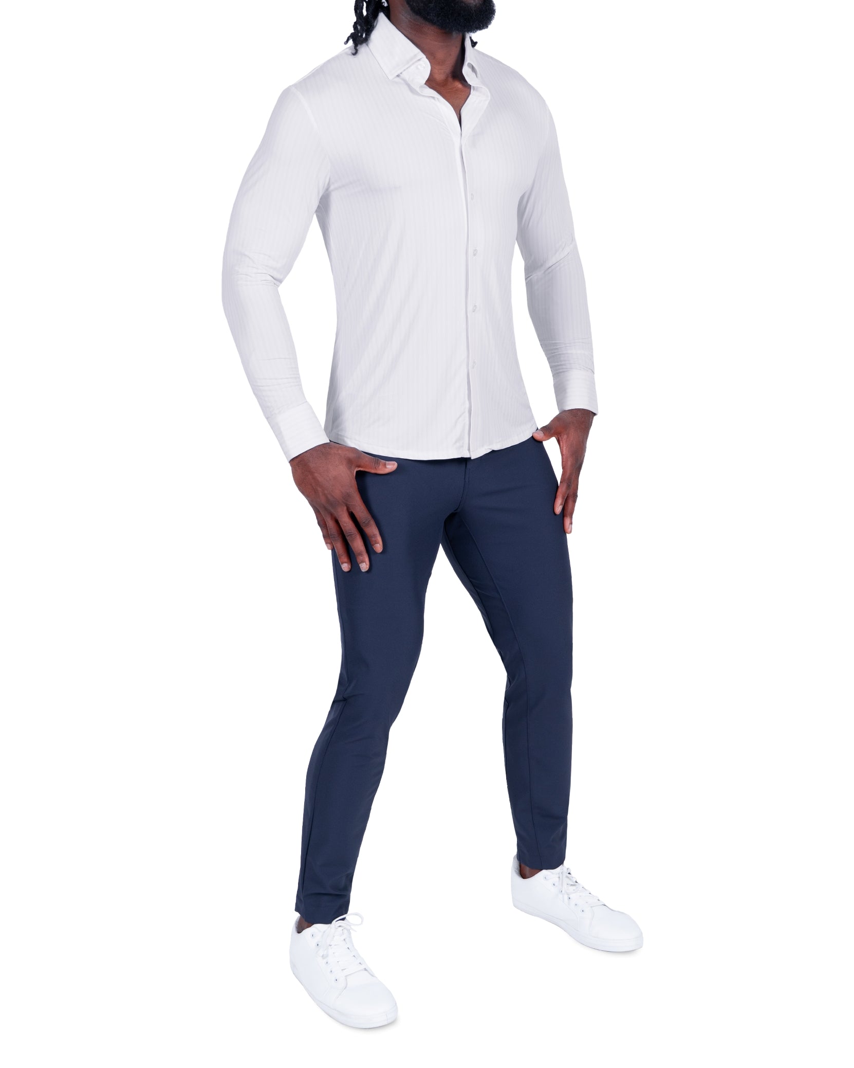 "The Diesel" Sport Shirt - White with Light Lilac Double Stripe