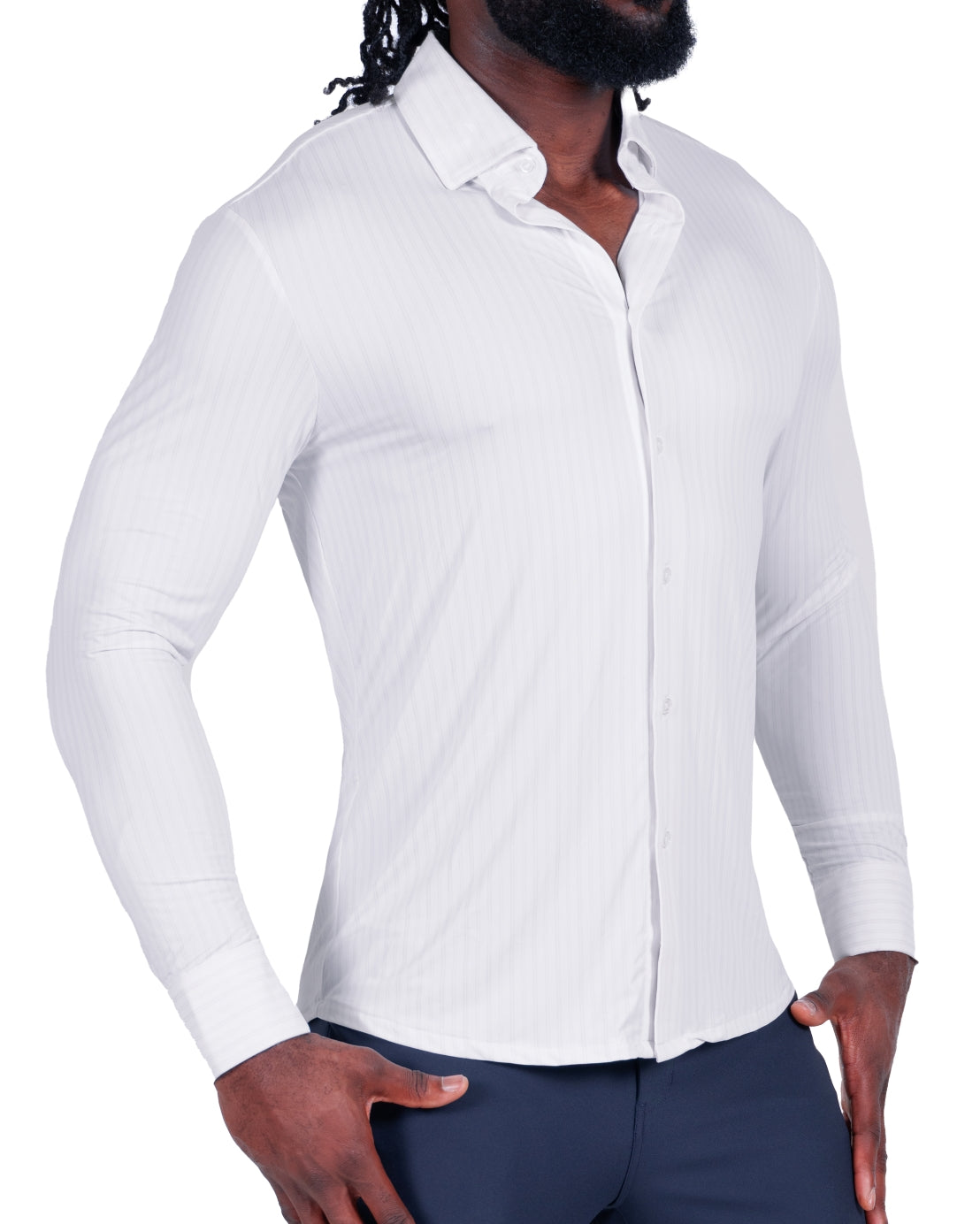 "The Diesel" Sport Shirt - White with Light Lilac Double Stripe