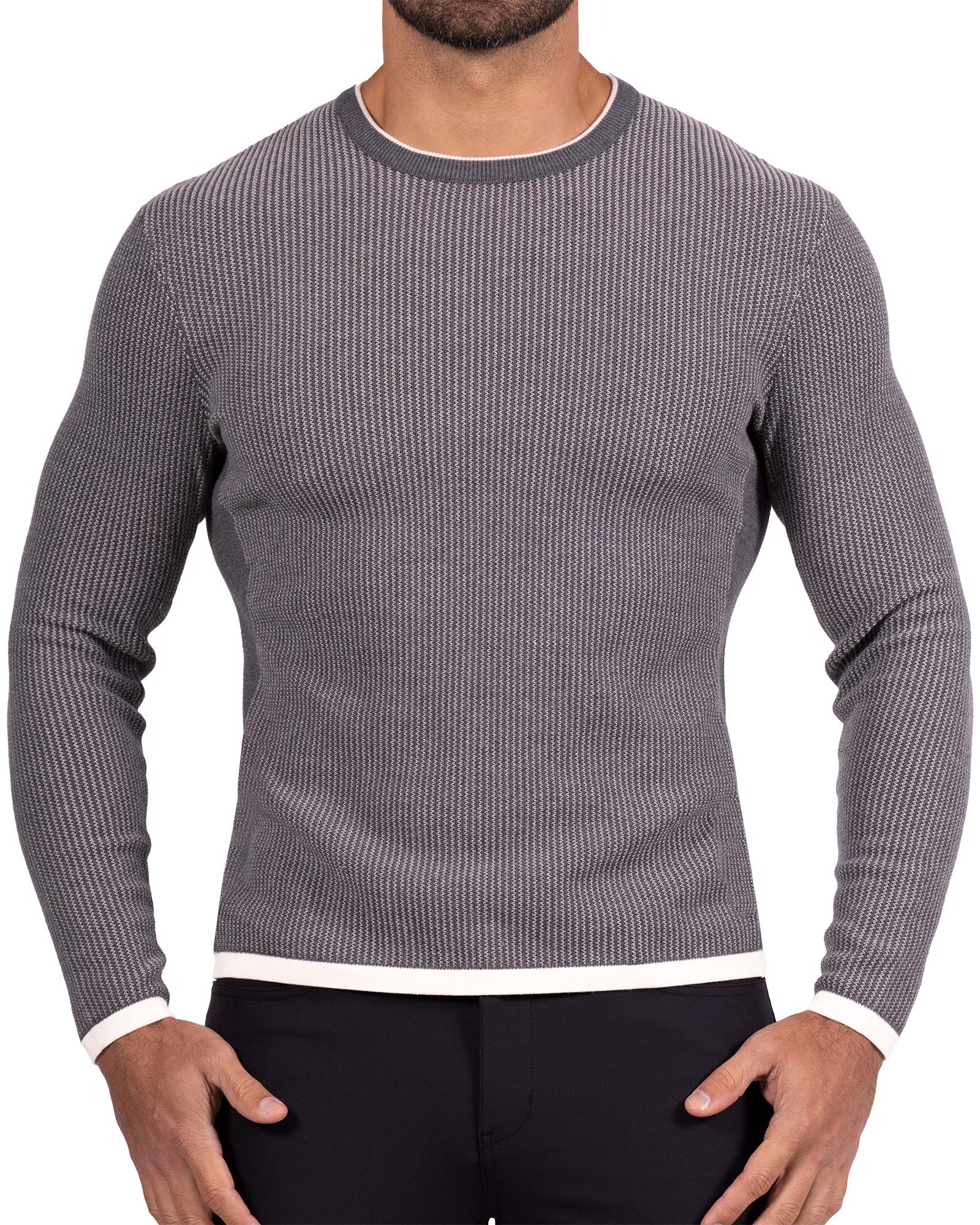 Lightweight Ribbed Knit Crewneck Sweater - Dark Grey & Beige