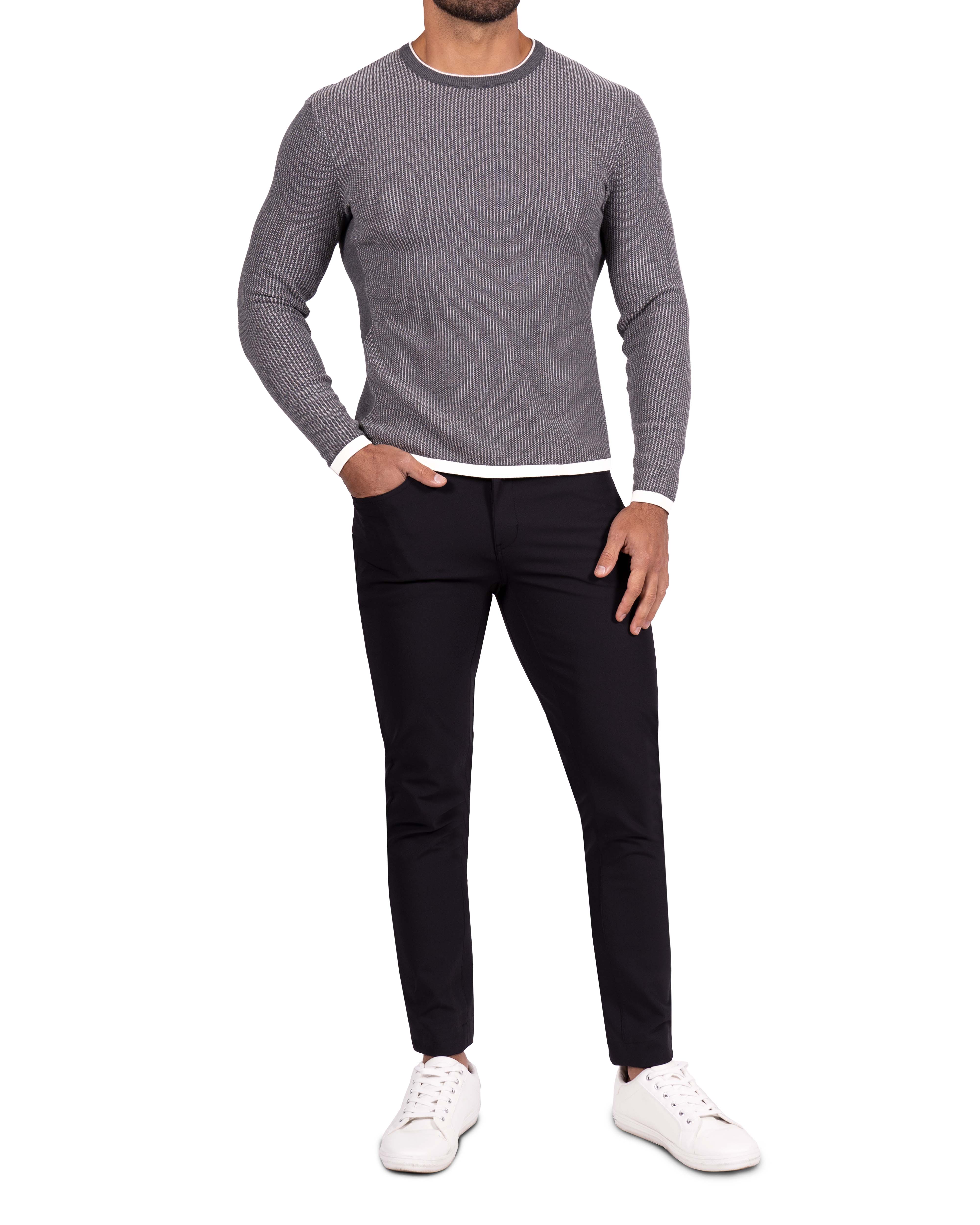 Lightweight Ribbed Knit Crewneck Sweater - Dark Grey & Beige