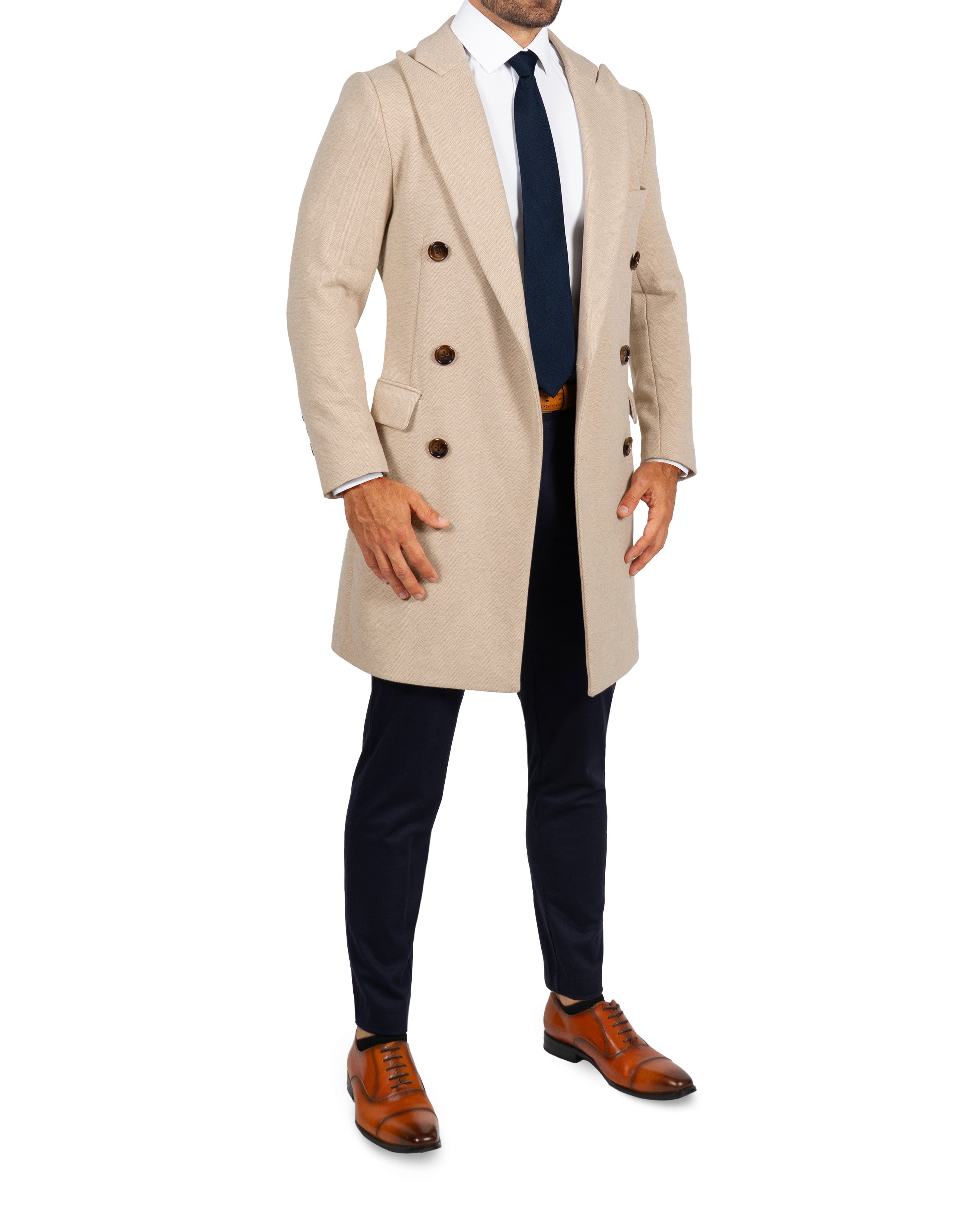 Double Breasted Overcoat - Tan Herringbone