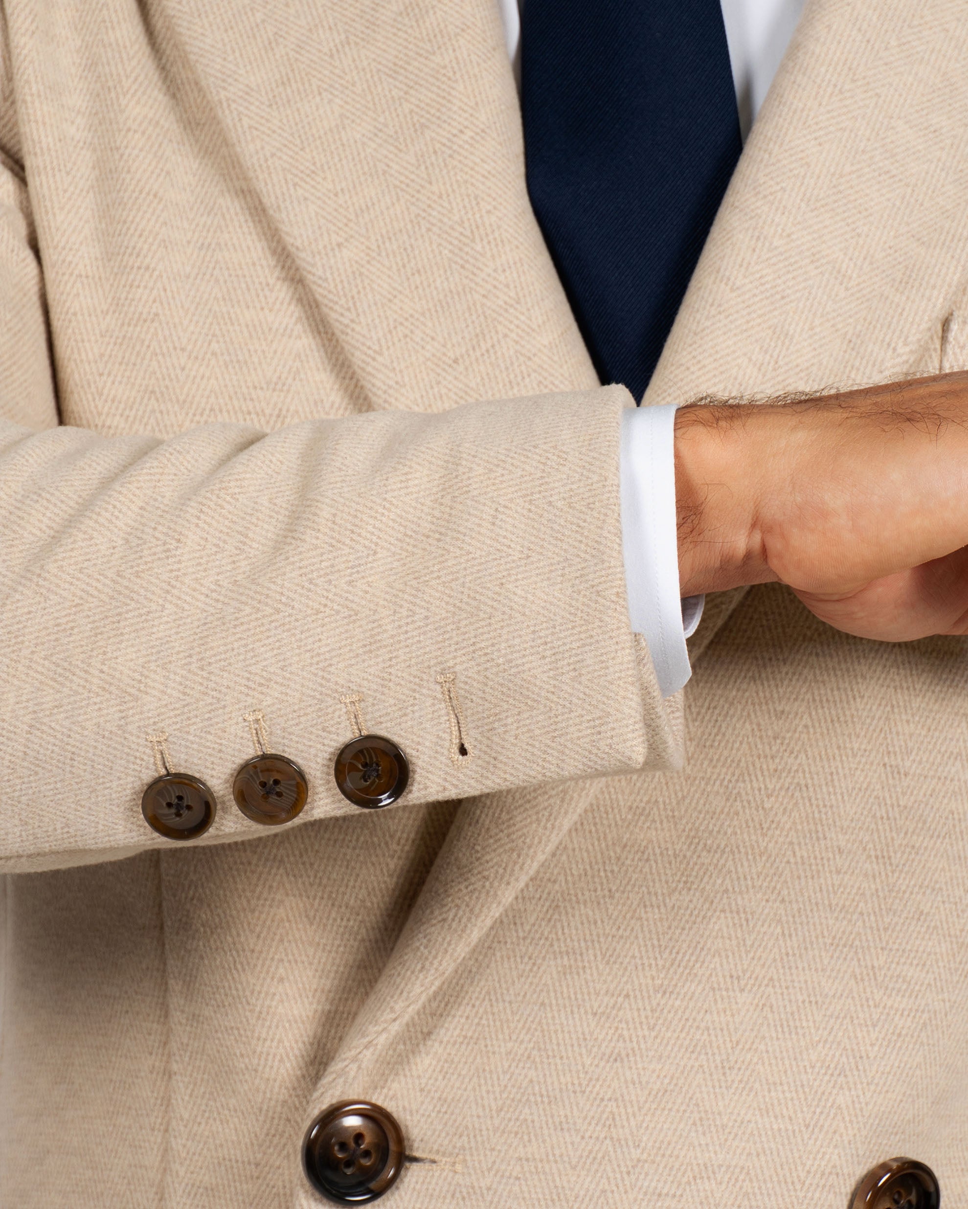 Double Breasted Overcoat - Tan Herringbone