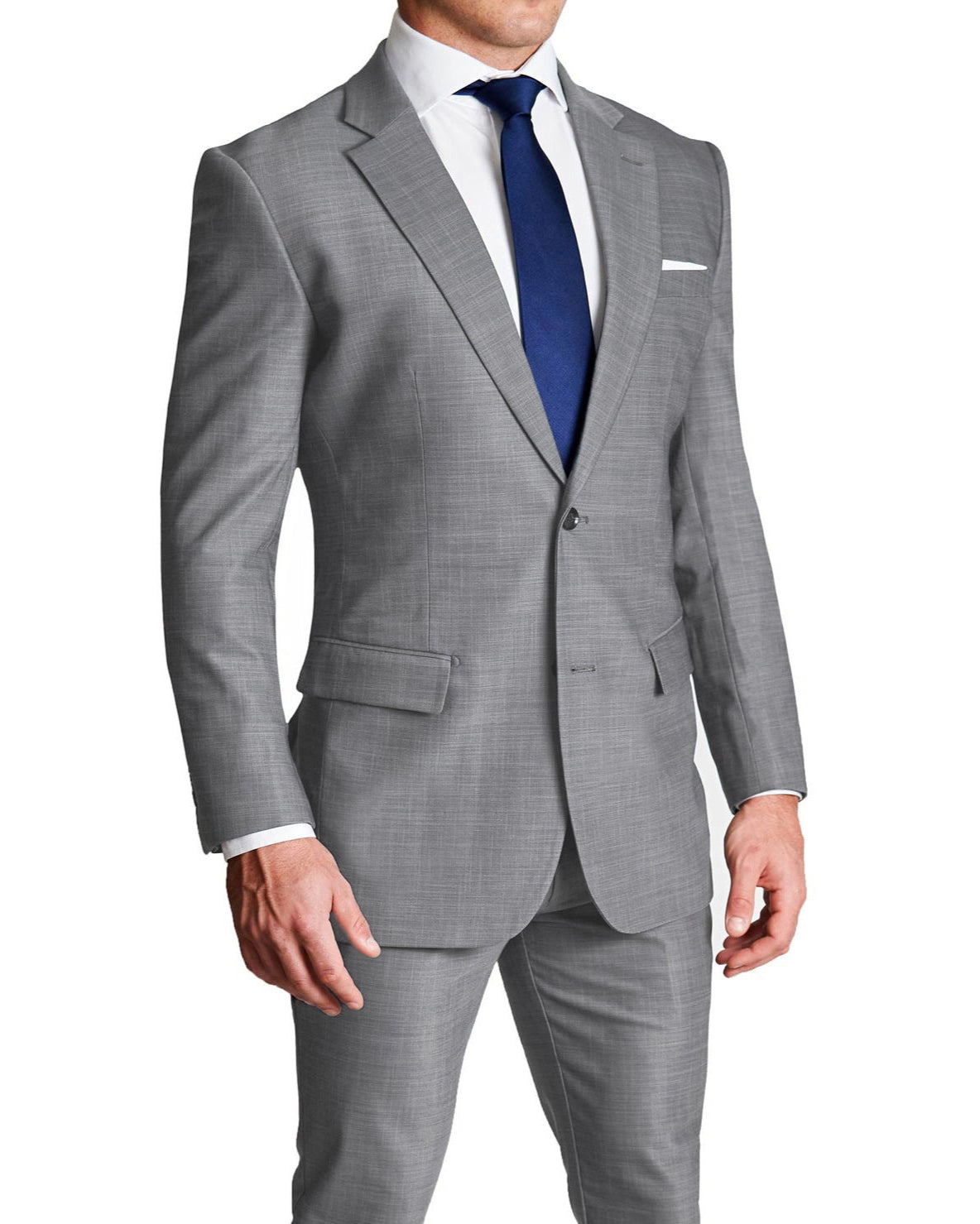 A heathered grey stretch suit consisting of a blazer and pants, designed with athletic fit features such as a two-button single-breasted blazer with medium notch lapels, lightly padded shoulders, and a double vent jacket. The pants are designed with a hidden soft-stitched hemline and extreme 4-way stretch for comfort and durability.