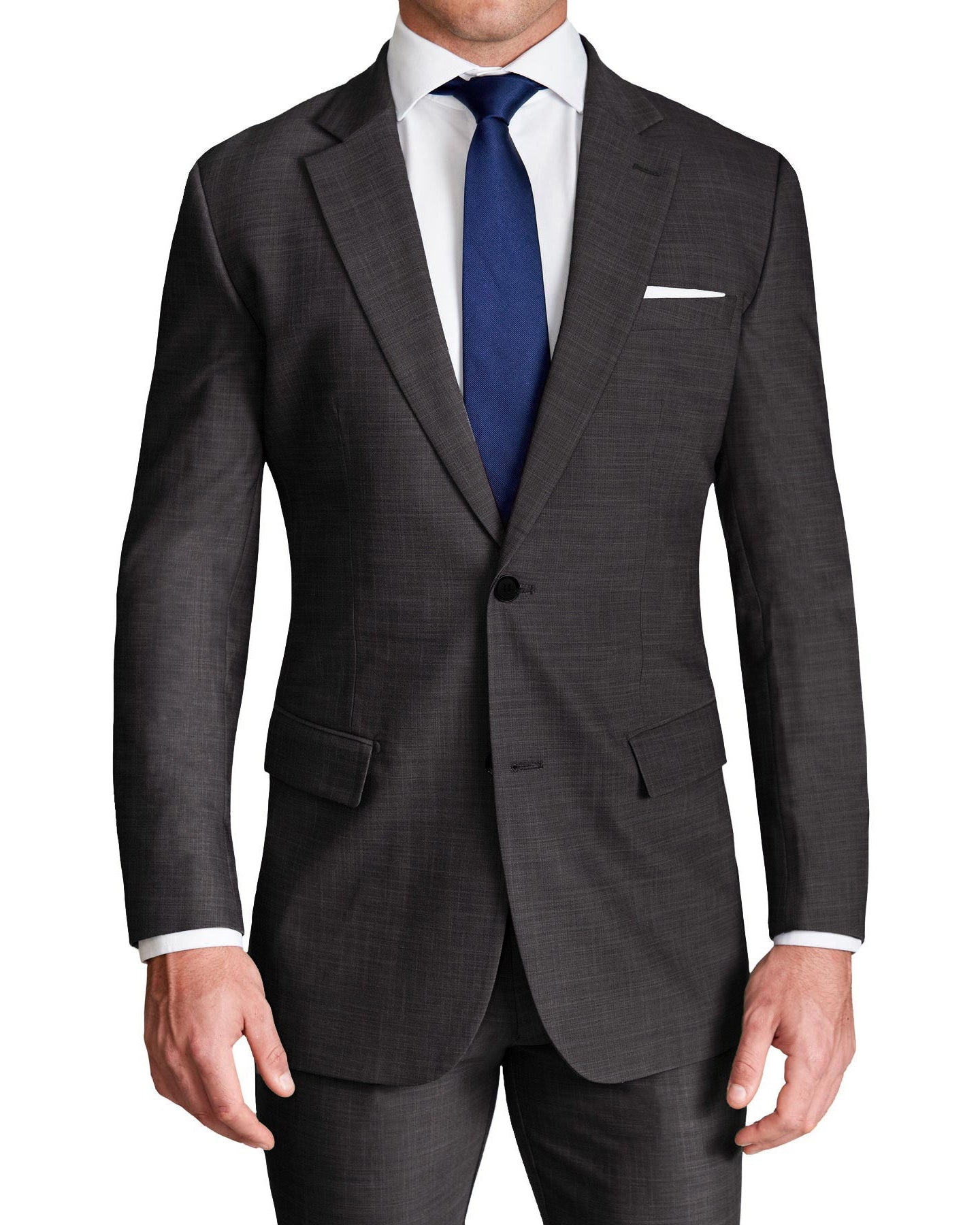 A heathered charcoal gray stretch blazer with a notched lapel, two-button single-breasted design, and lightly padded shoulders. It includes standard pockets and black buttons with grey button hole stitching.