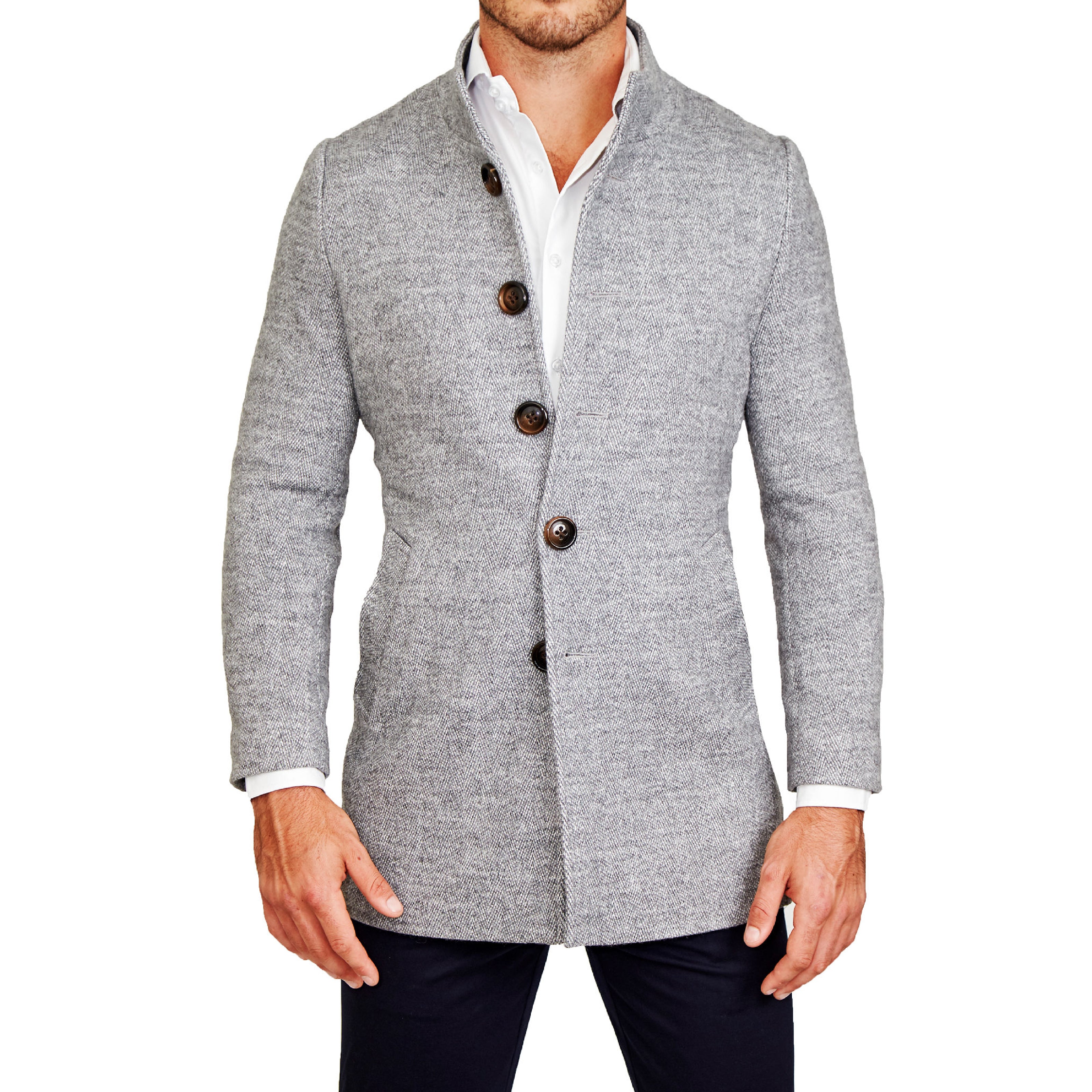 Open Button Overcoat - Grey Herringbone