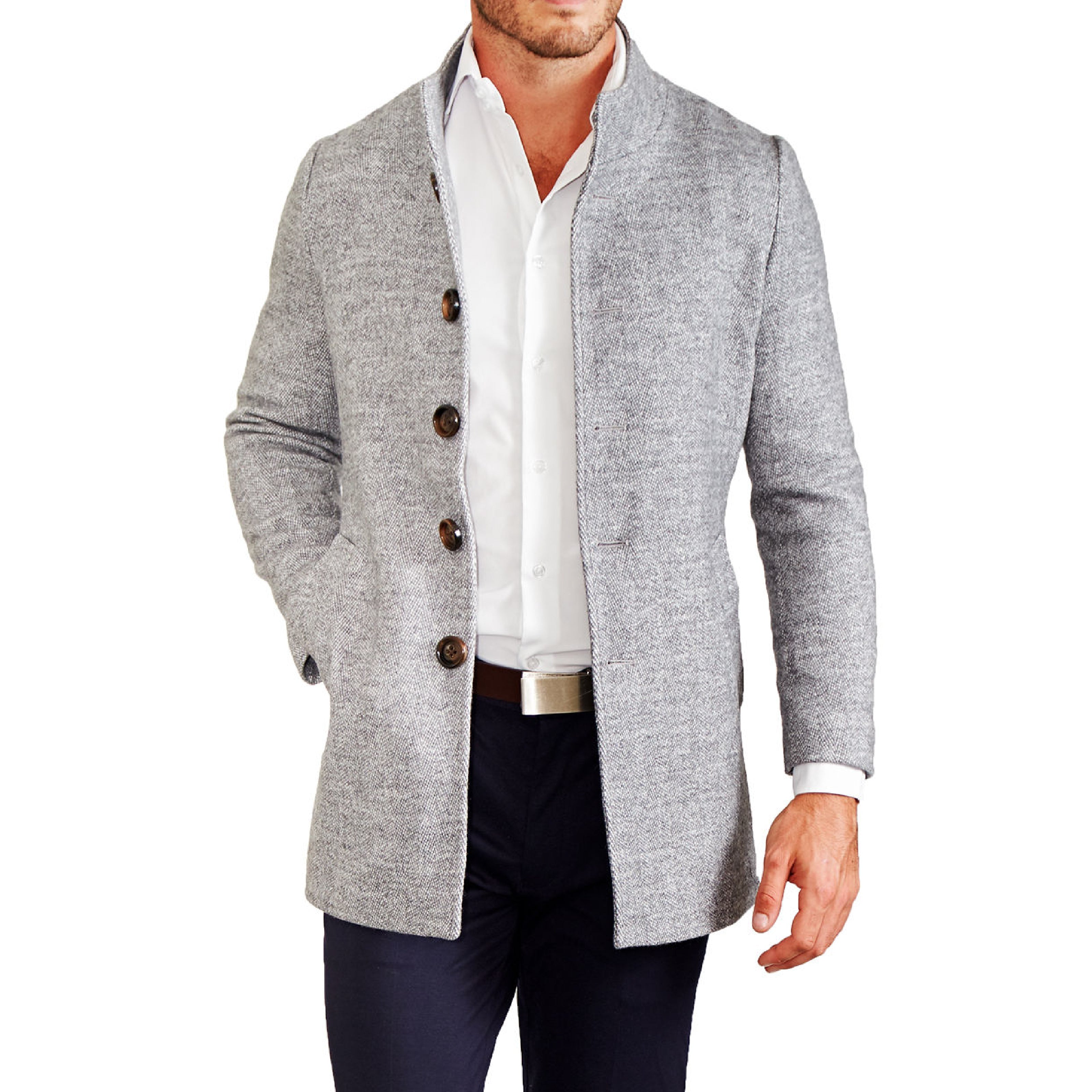 Open Button Overcoat - Grey Herringbone