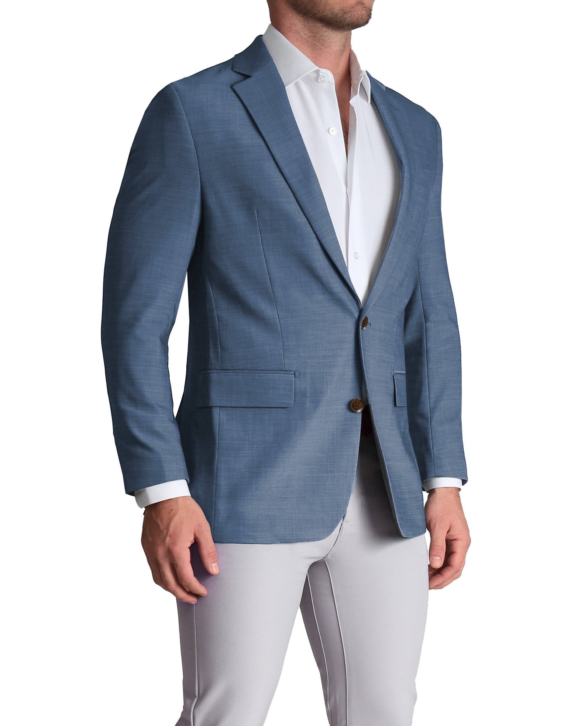 A heathered blue stretch blazer with a single-breasted, two-button design, medium notch lapels, lightly padded shoulders, brown buttons, standard pockets, and a double vent.