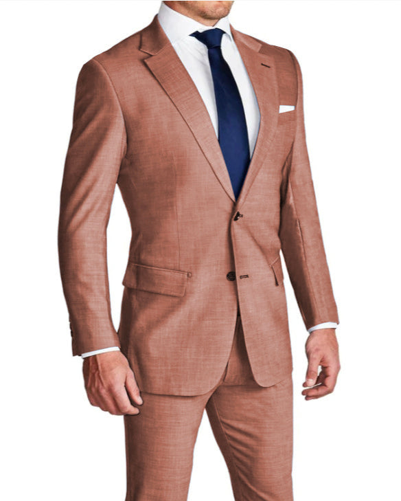 A male model wearing a heathered salmon colored stretch suit with a blazer and trousers. The suit has a professional design with two-button single-breasted, medium notch lapels, lightly padded shoulders, and standard pockets.