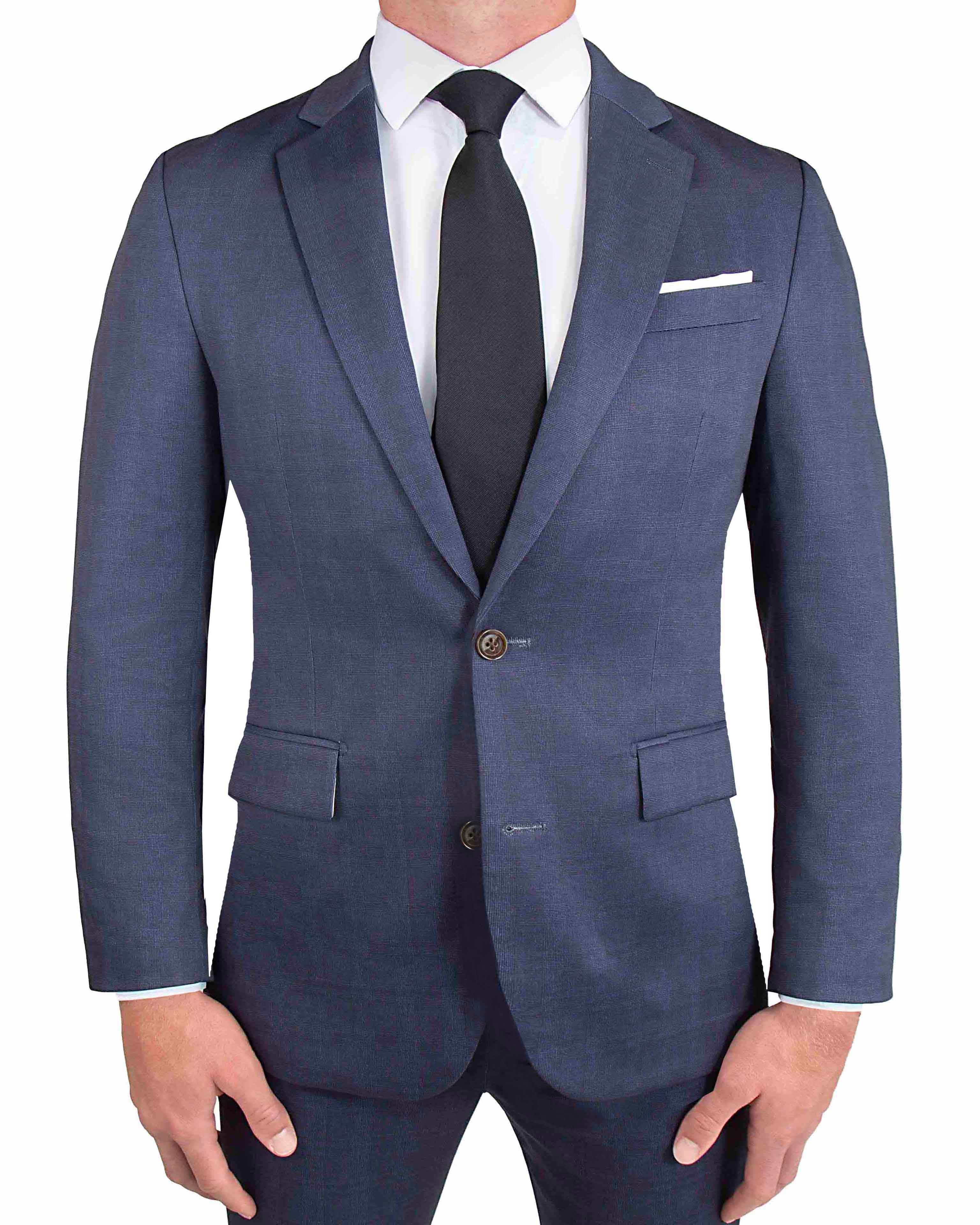 Blue suit jacket with a white shirt and black tie on a white background