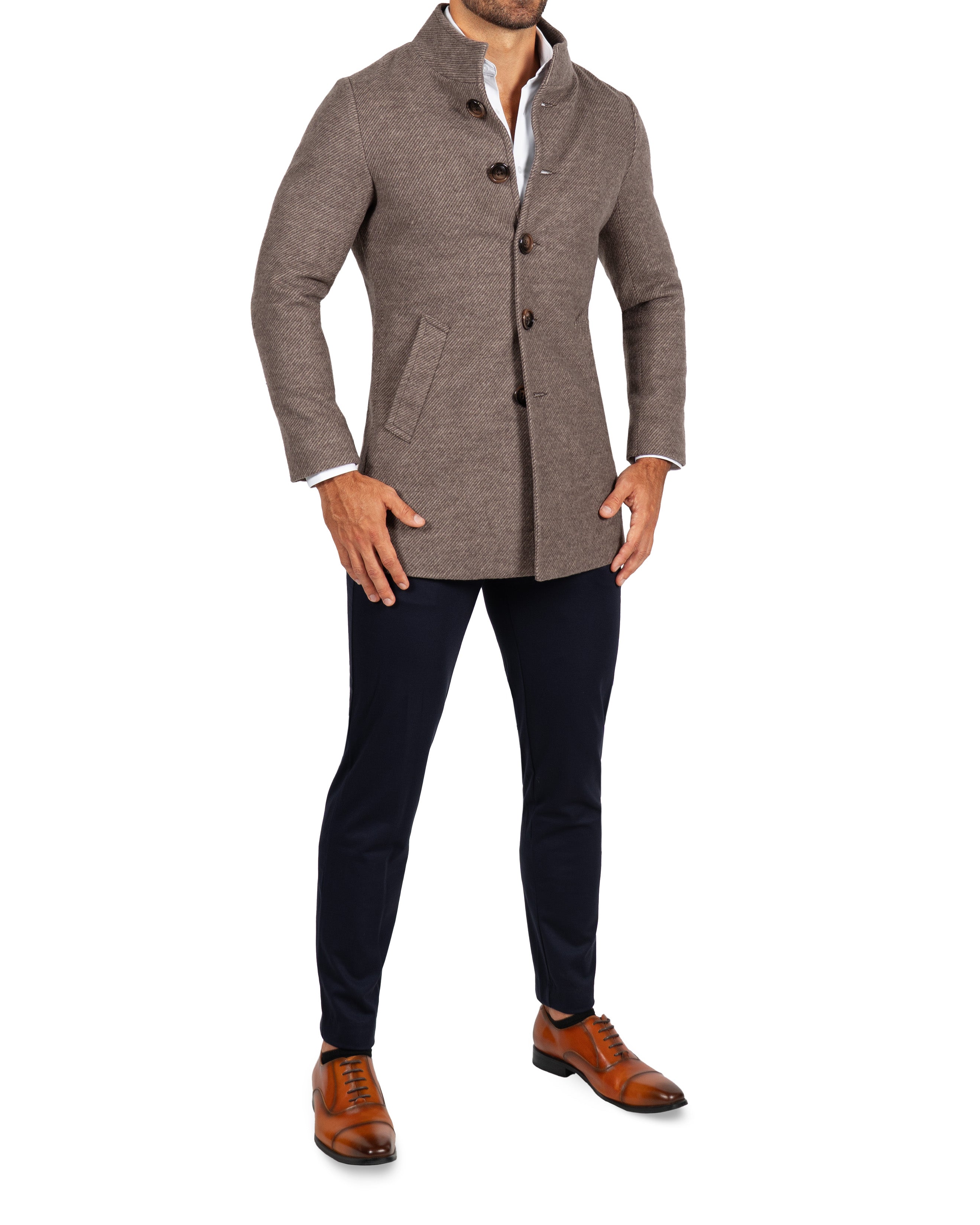 Open Button Overcoat - Brushed Brown & Taupe