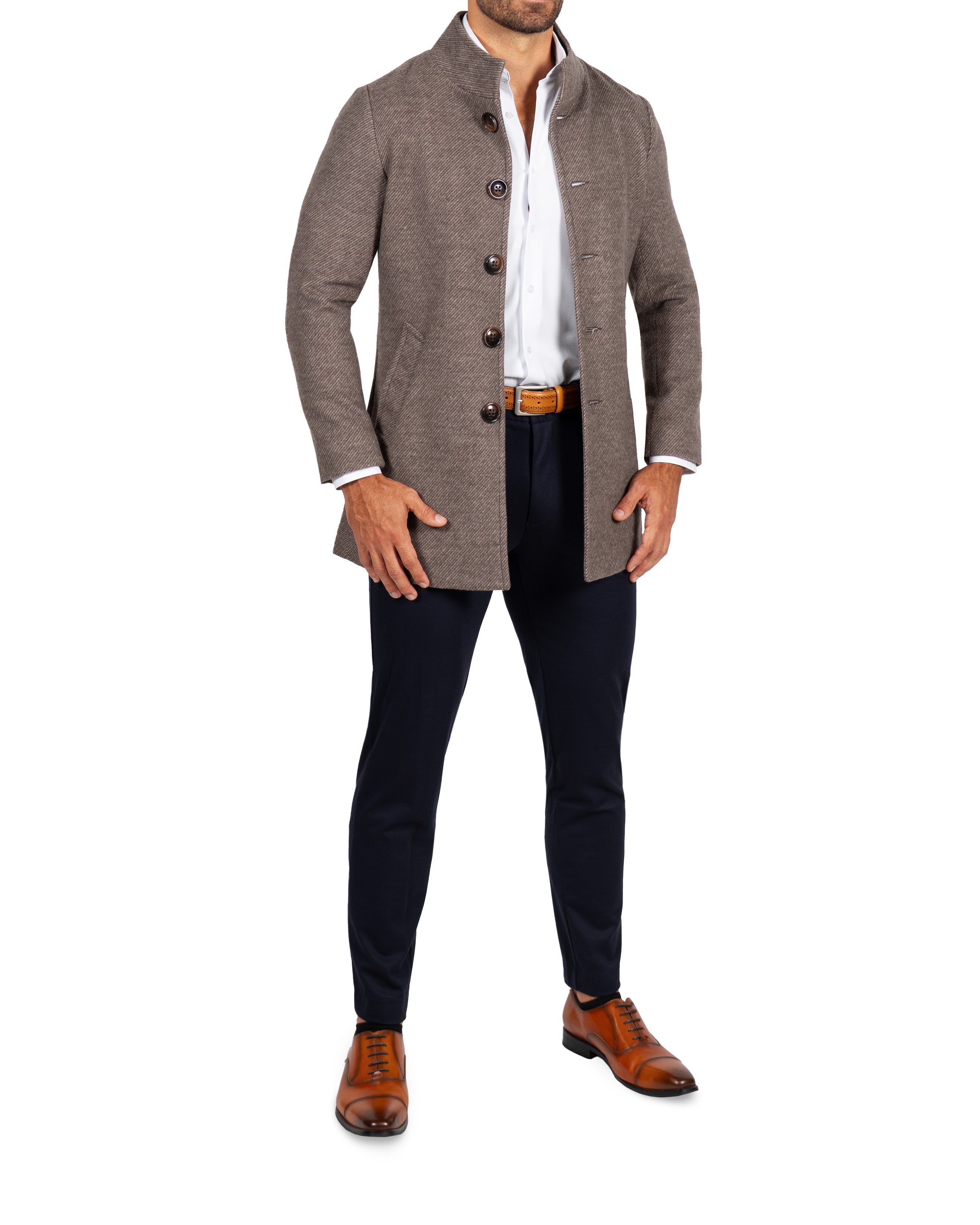 Open Button Overcoat - Brushed Brown & Taupe