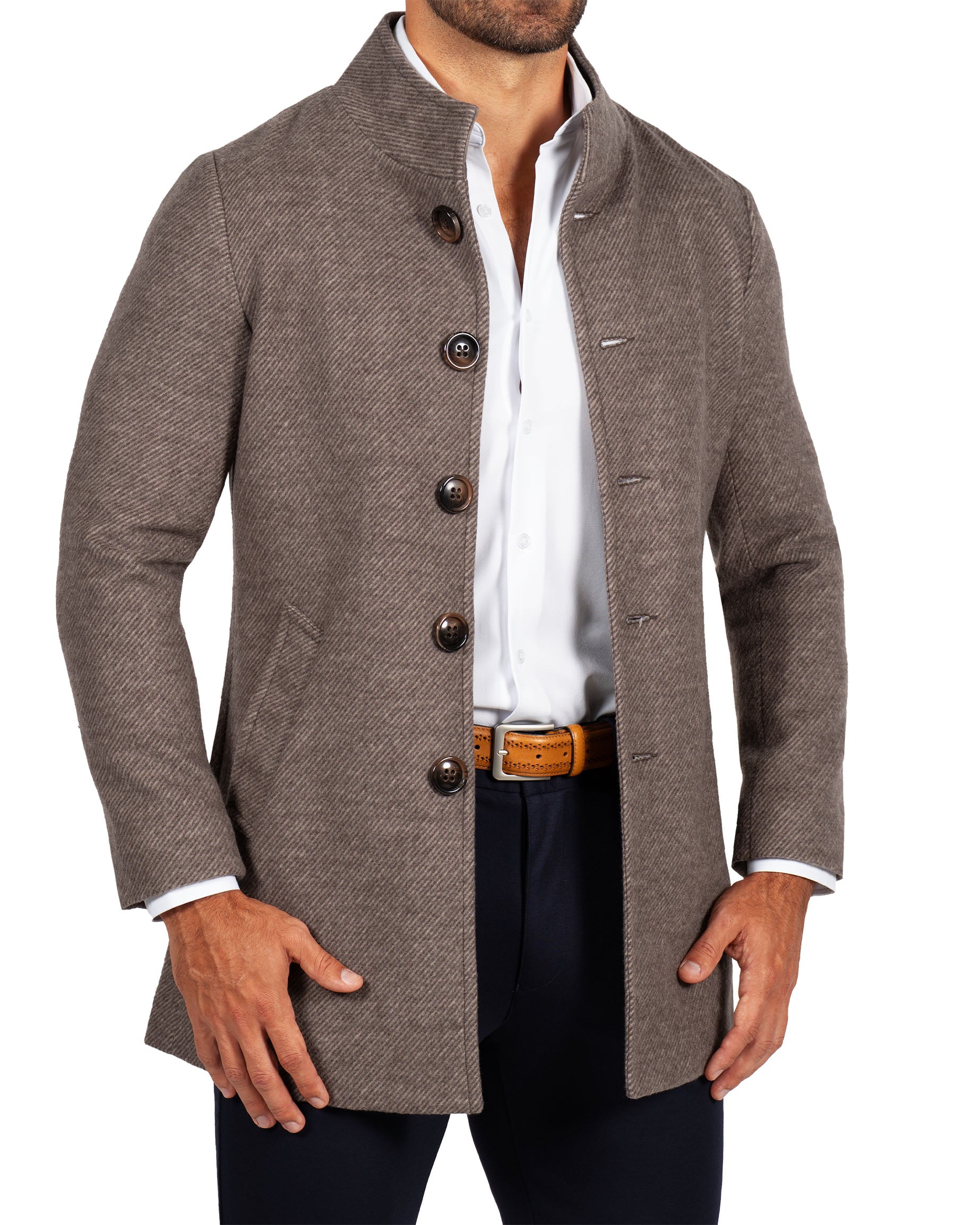 Open Button Overcoat - Brushed Brown & Taupe