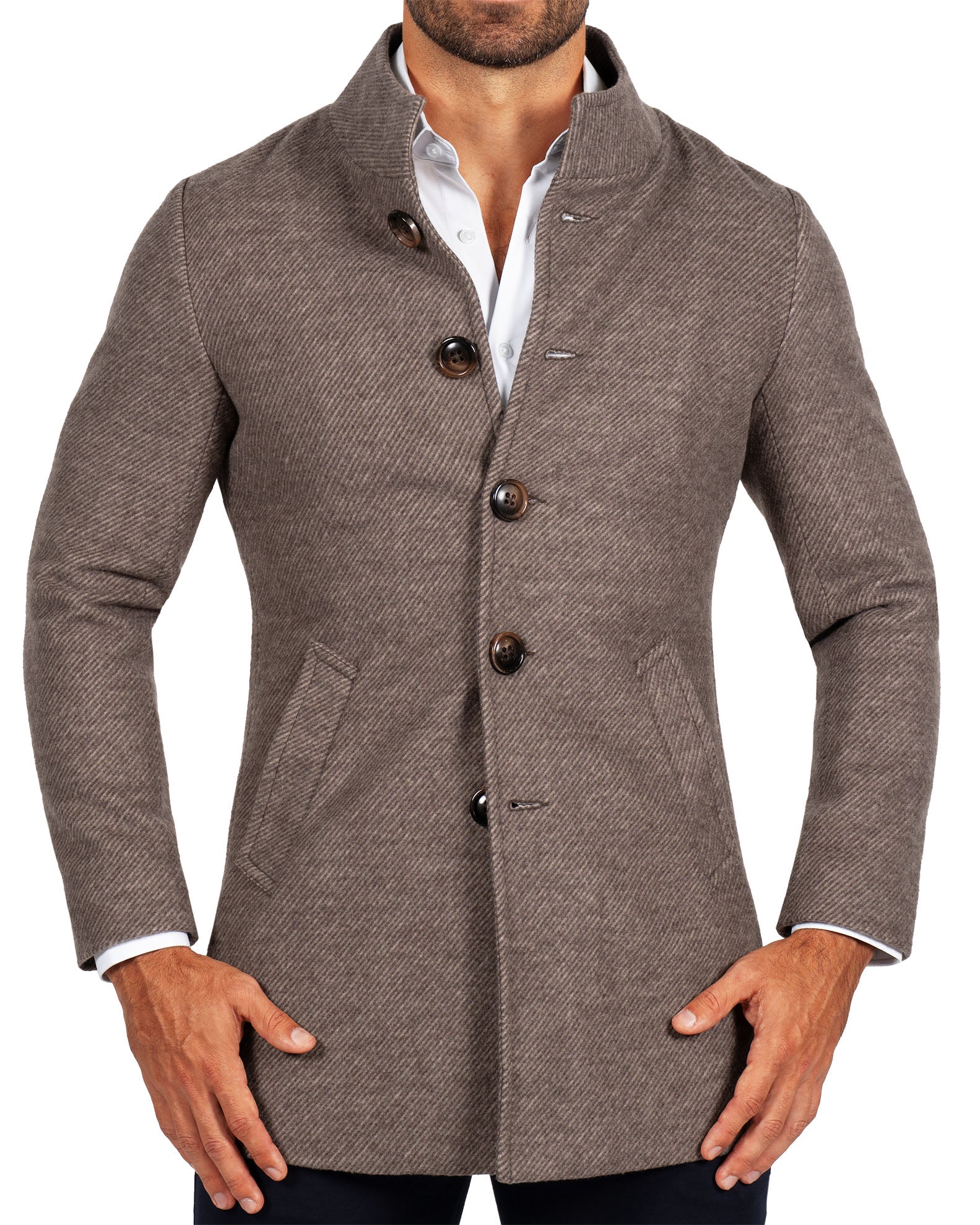 Open Button Overcoat - Brushed Brown & Taupe