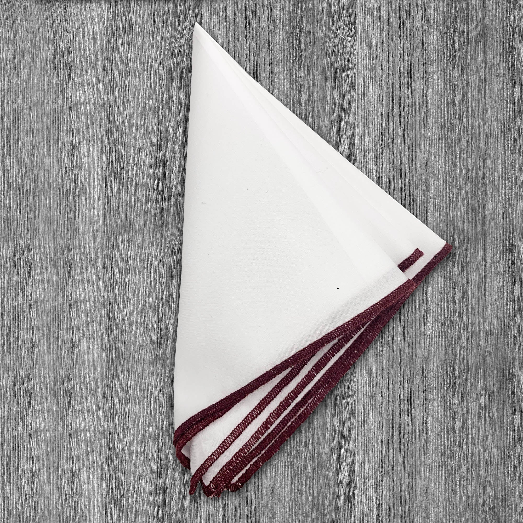 Pocket Square - White With Maroon Edge Stitch