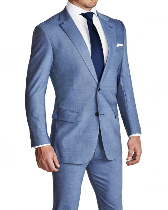 A heathered light blue stretch suit consisting of a blazer and trousers, displayed on a male model, with the suit jacket paired with a white shirt and blue tie.