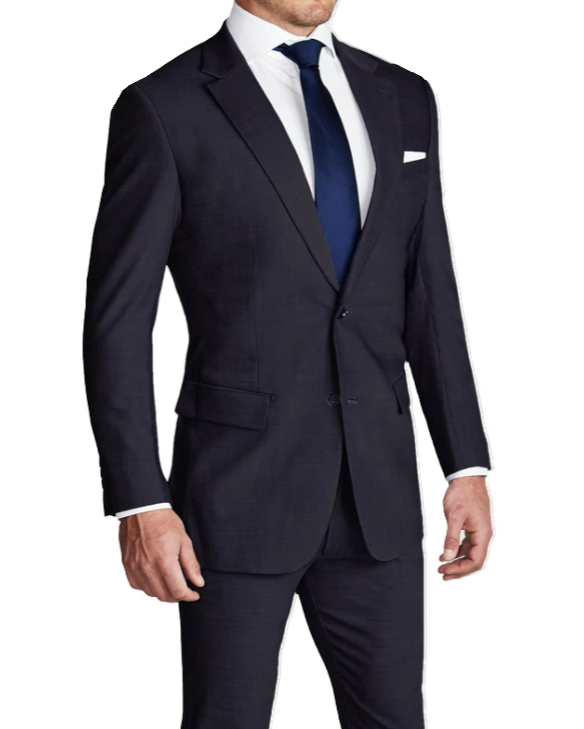A heathered midnight navy stretch suit consisting of a blazer and pants, presented in a model wearing a white shirt and tie.