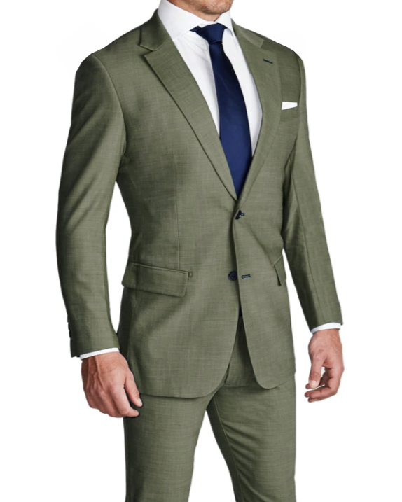 A heathered forest green stretch suit consisting of a blazer and pants, tailored to an athletic fit, modeled by a male wearer against a plain background.