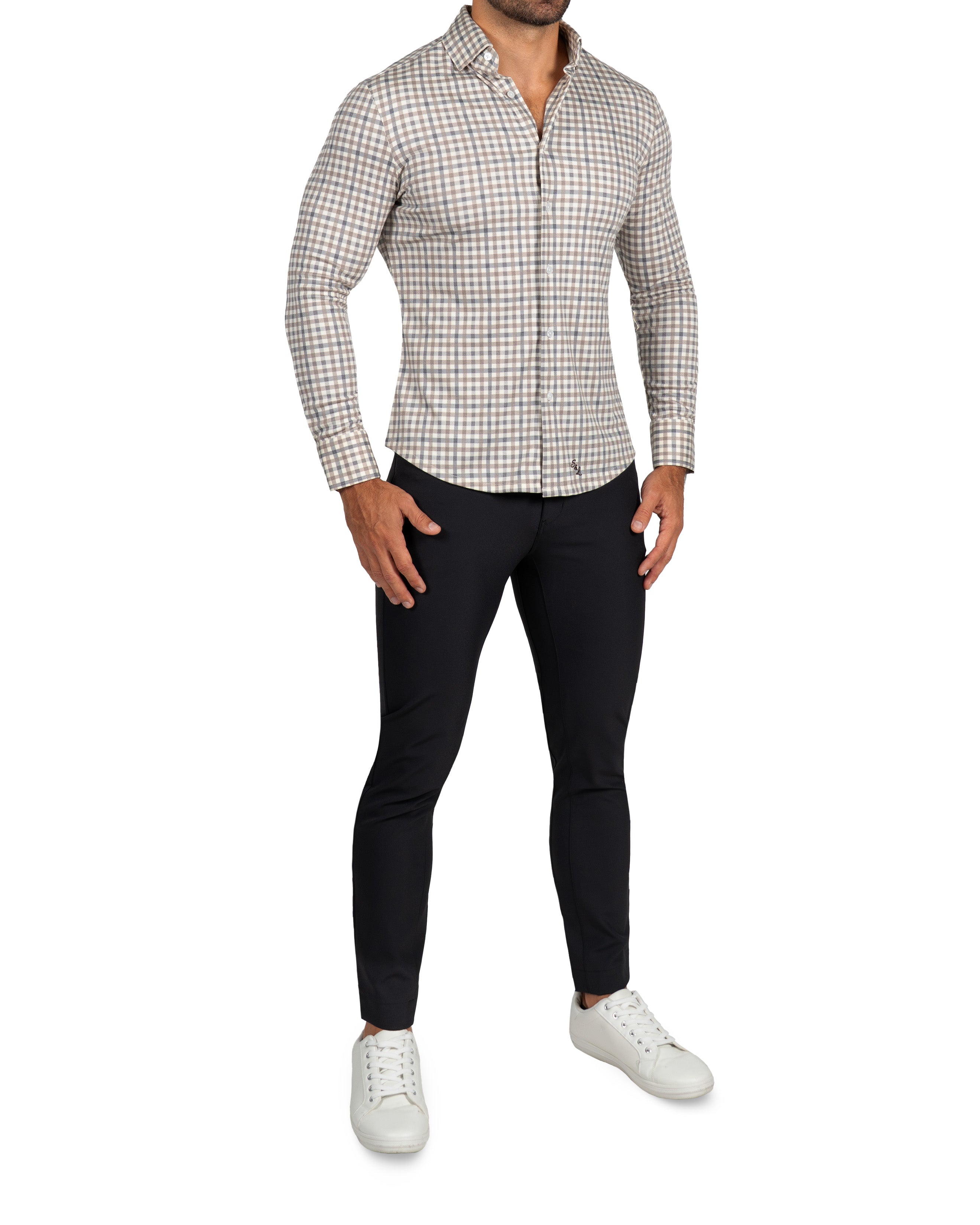 "The Palmer" Brown, Grey, and White Gingham Casual Button Down