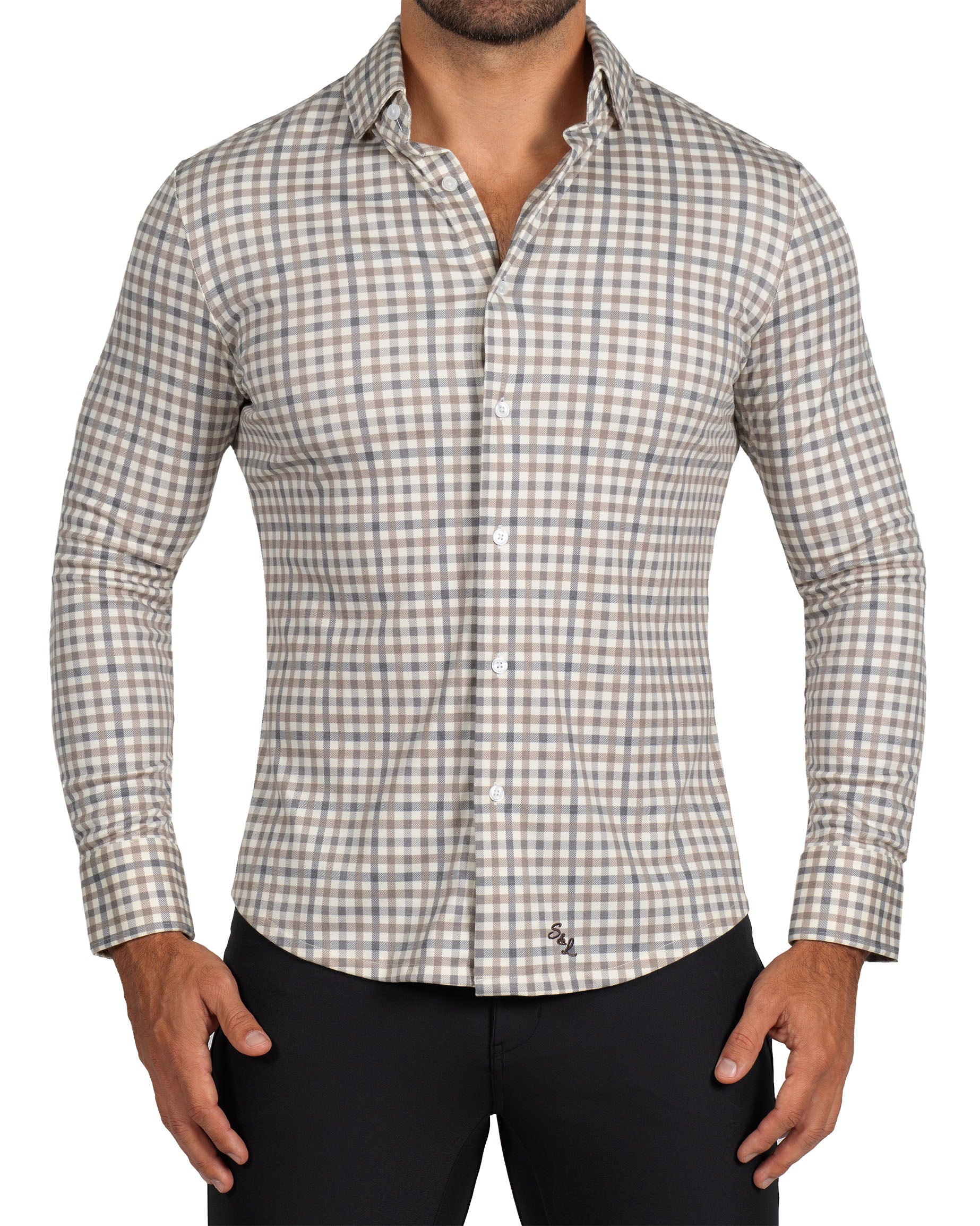 "The Palmer" Brown, Grey, and White Gingham Casual Button Down