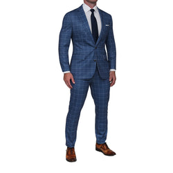 Brushed Tech Stretch Suit - Heathered Blue With White Windowpane