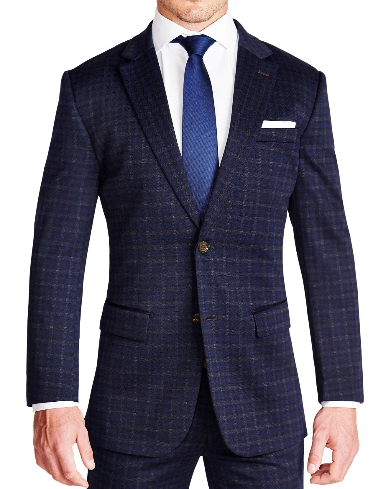 A man wearing a blue plaid stretch blazer with a white dress shirt and blue tie.