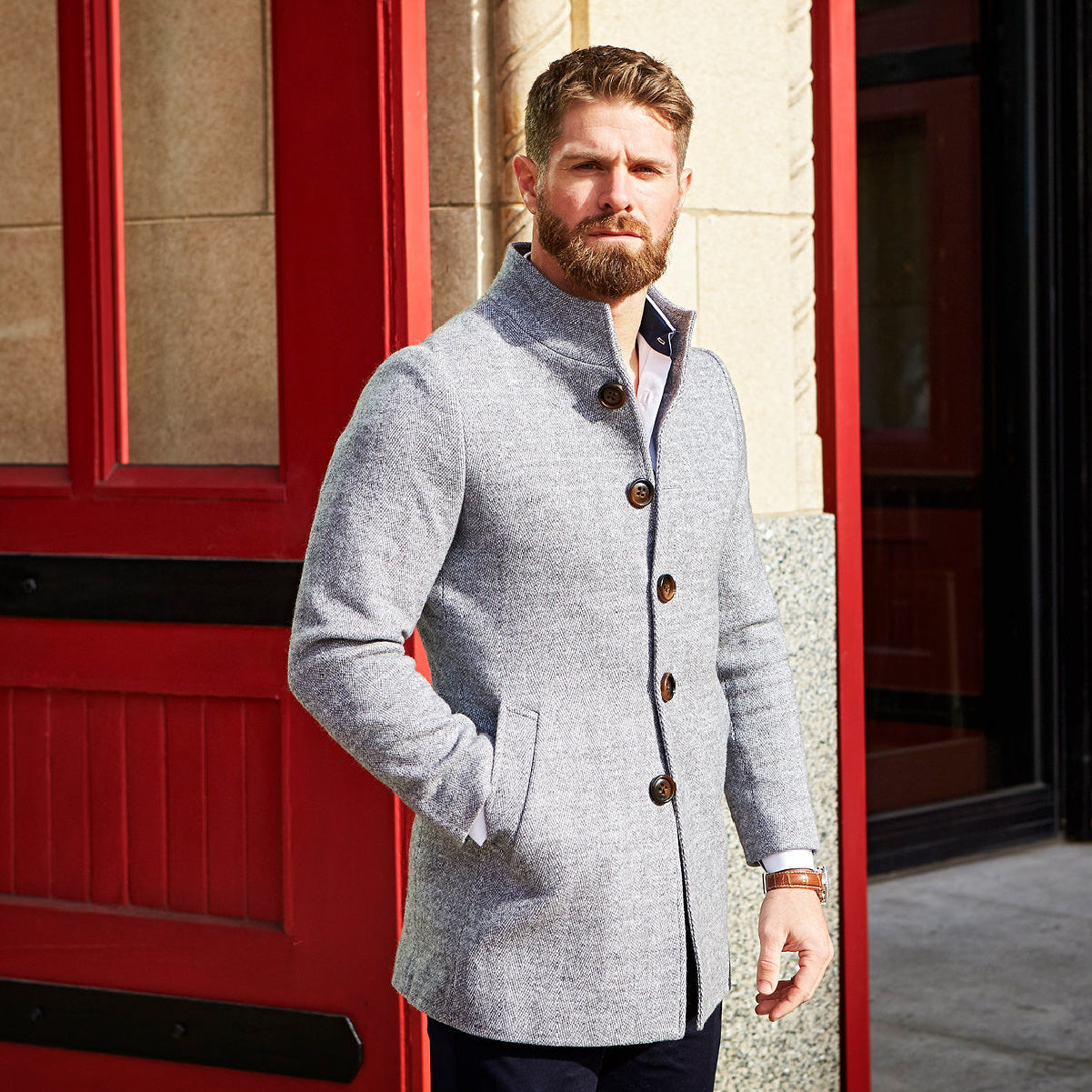 Open Button Overcoat - Grey Herringbone