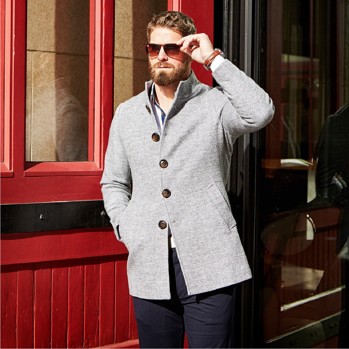 Open Button Overcoat - Grey Herringbone