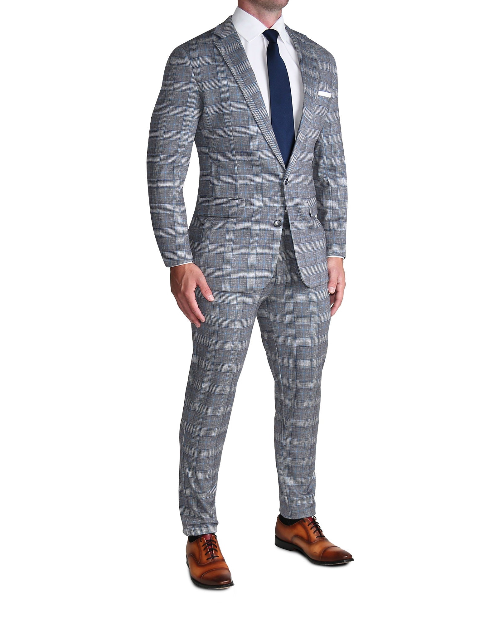 Athletic Fit Stretch Suit - Grey with Blue Plaid