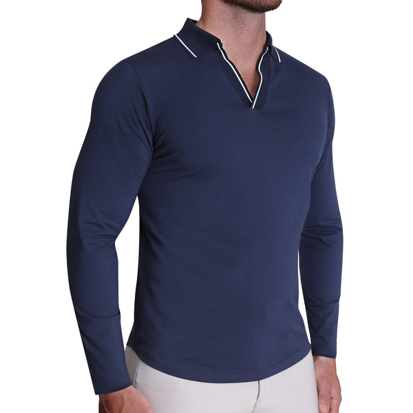 Tipped Long Sleeve Polo - Navy with White