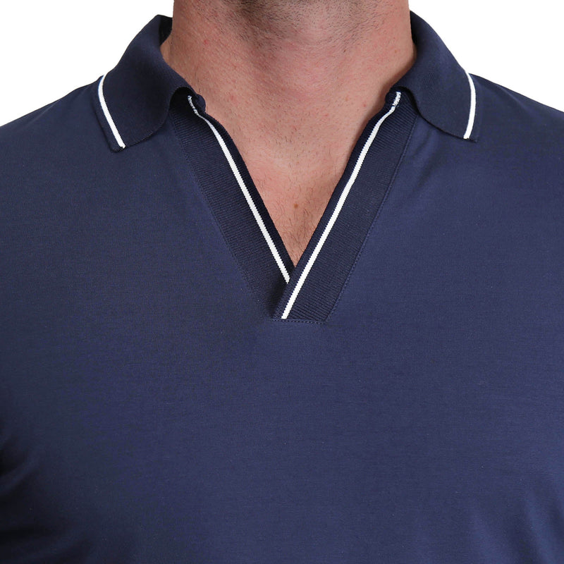 Tipped Long Sleeve Polo - Navy with White