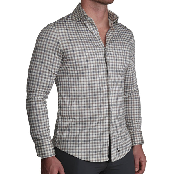 "The Palmer" Brown, Grey, and White Gingham Casual Button Down