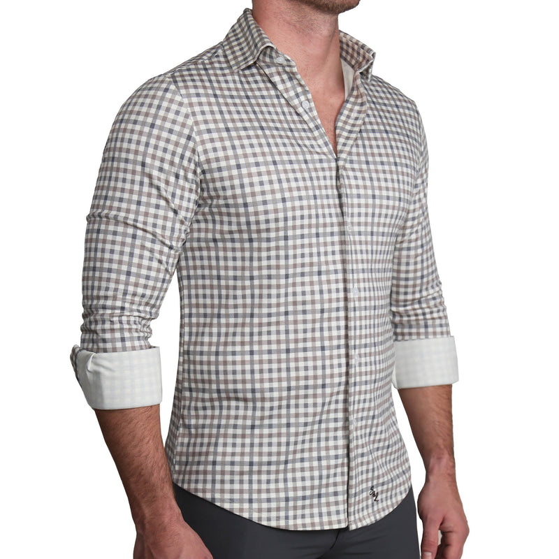 "The Palmer" Brown, Grey, and White Gingham Casual Button Down