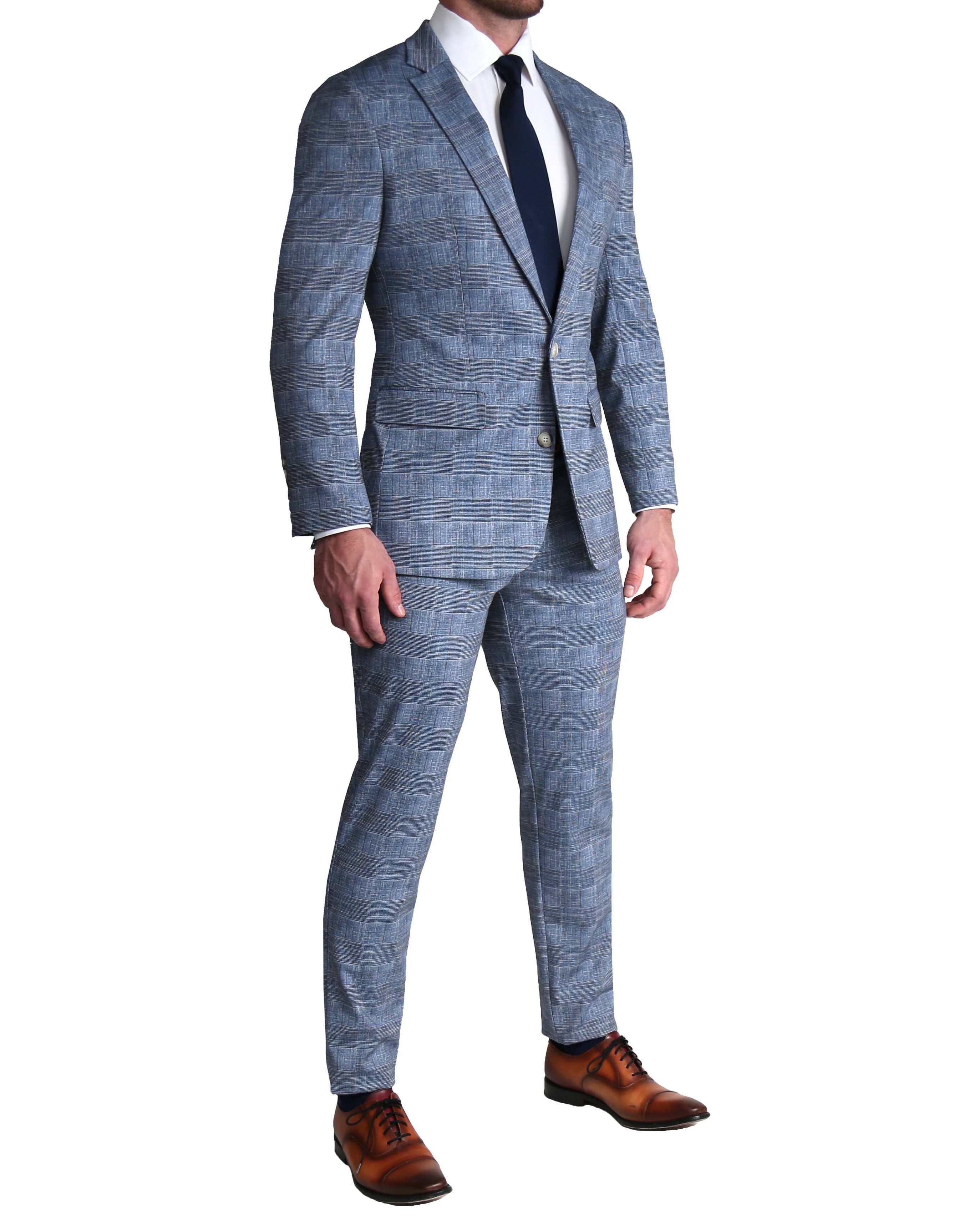 Athletic Fit Stretch Suit - Knit Light Blue, Navy and White Plaid