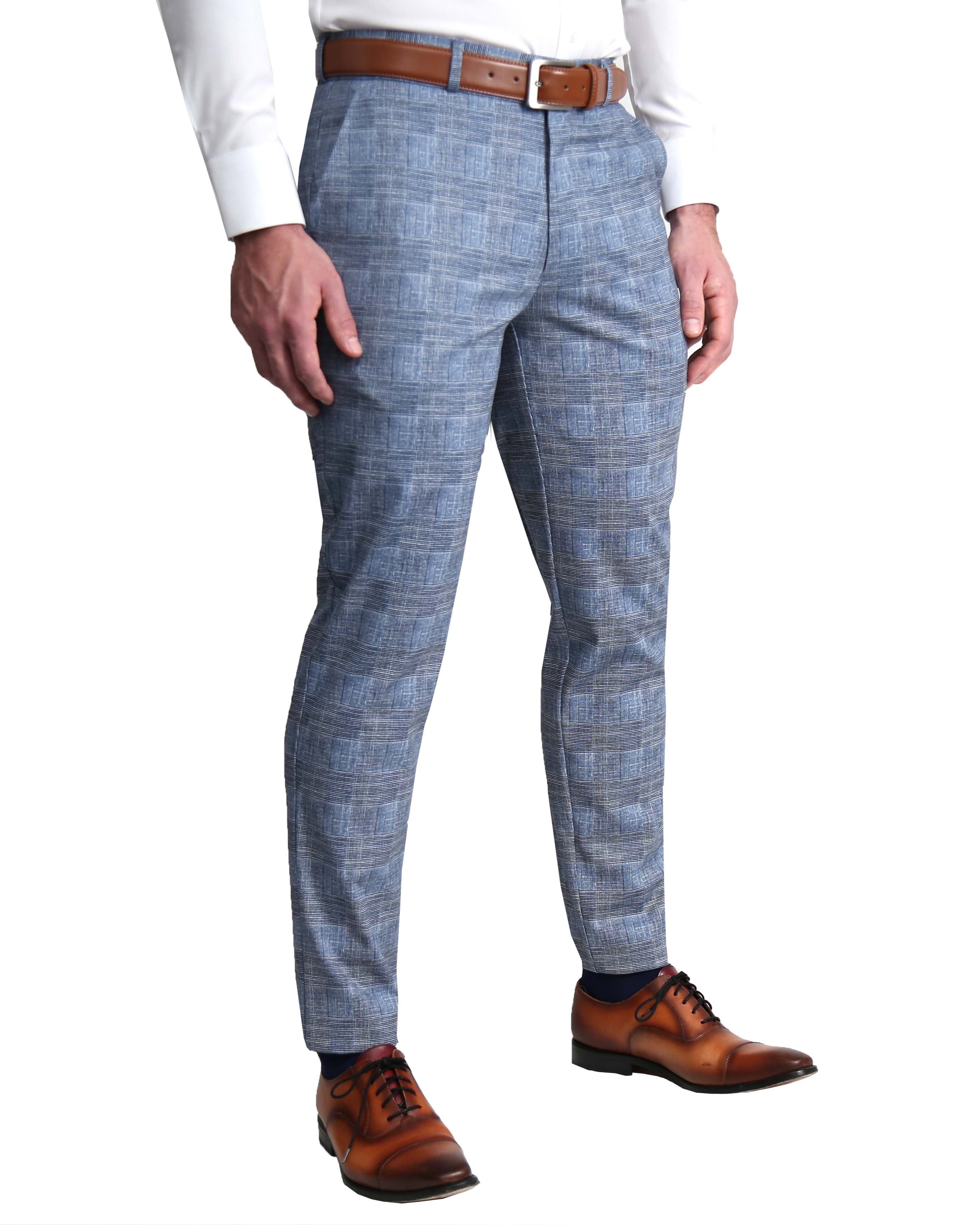 Athletic Fit Stretch Suit - Knit Light Blue, Navy and White Plaid